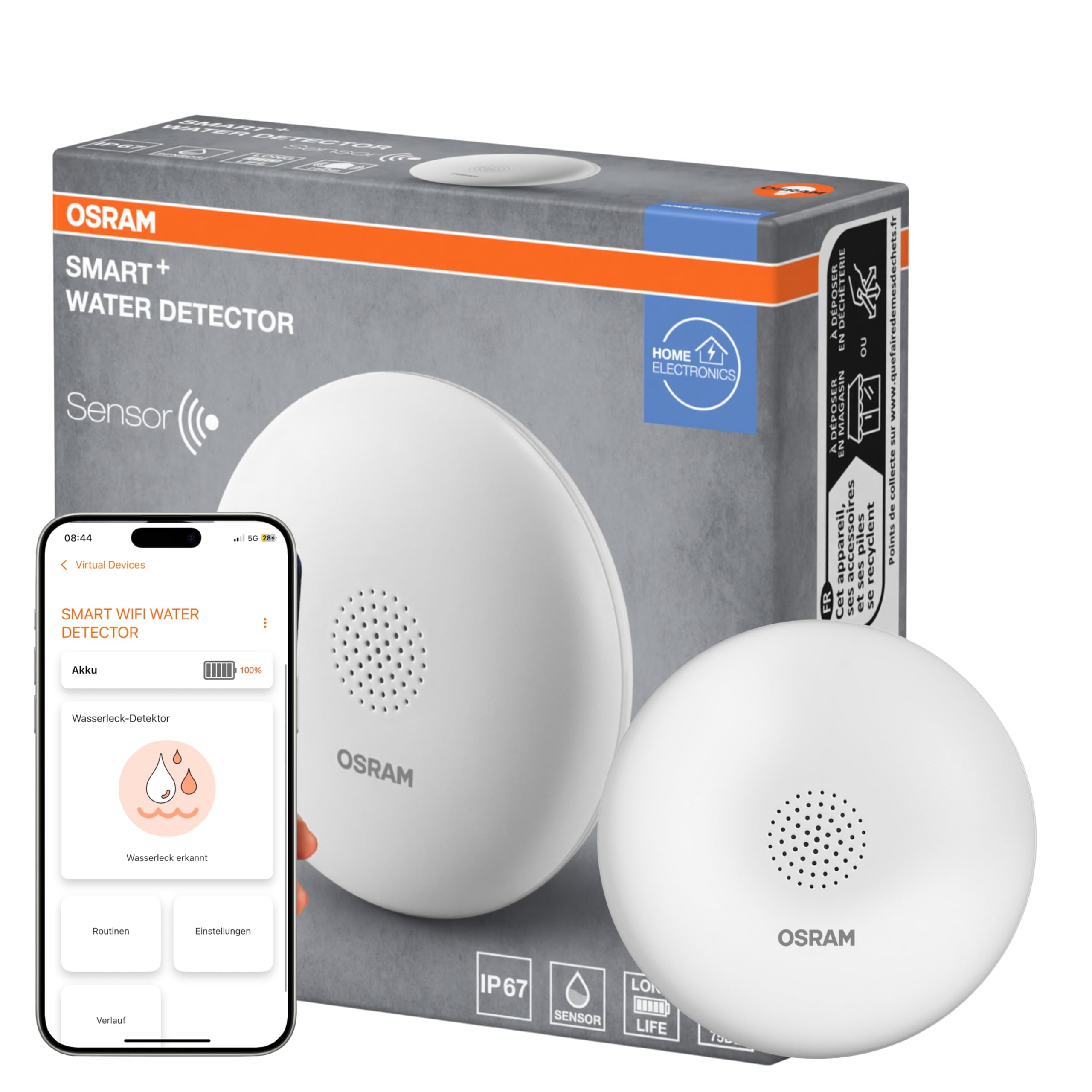 OSRAM SMART+ WiFi Wassermelder – IP20, Kunststoff, 69 mm, weiß