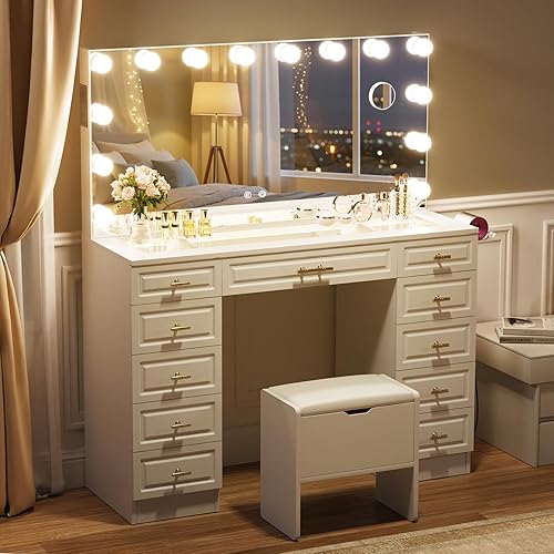 Miniatura 7 de VOWNER Tocador con espejo iluminado, escritorio de maquillaje con parte superior de cristal con altavoz Bluetooth, 14 luces y 11 cajones, 3 modos de