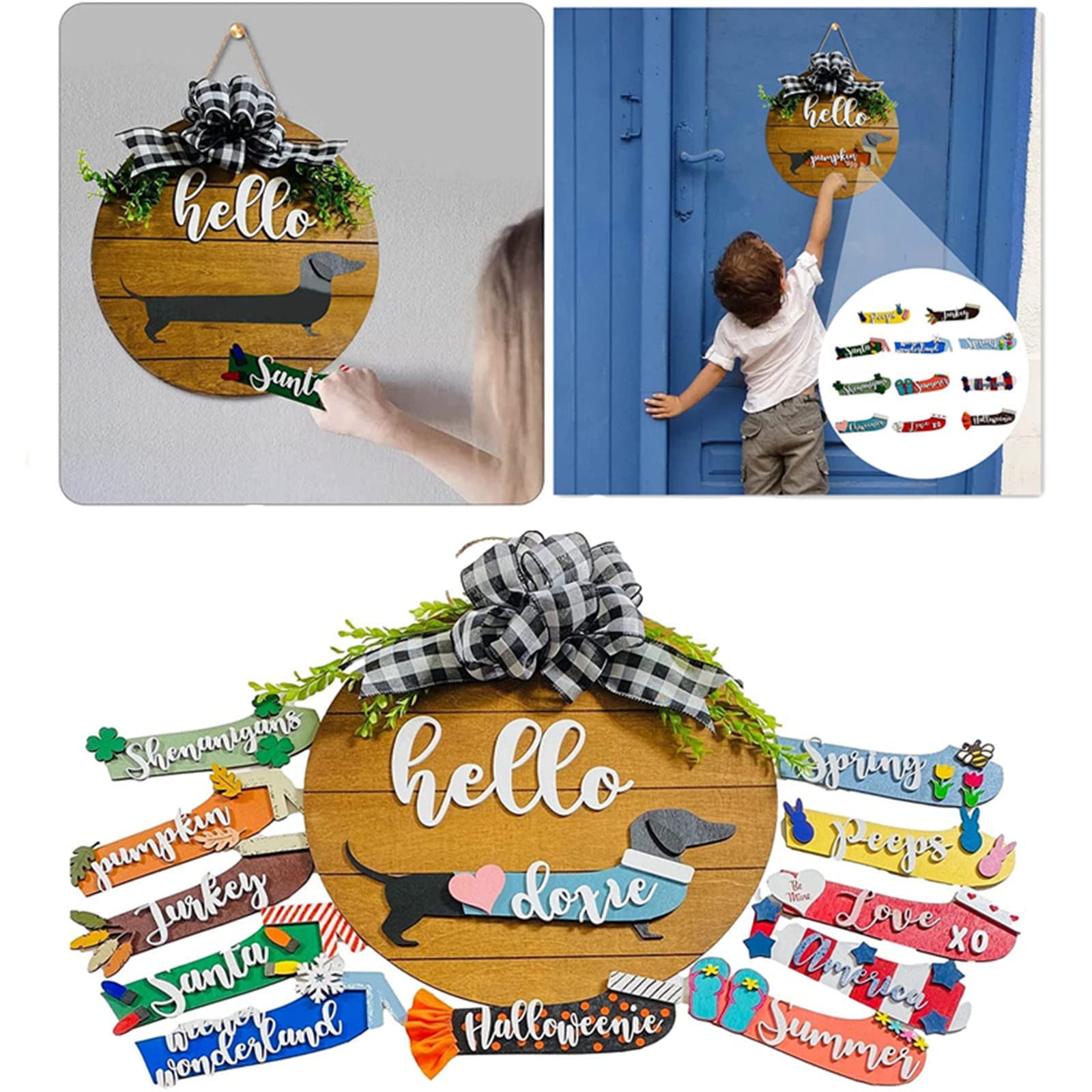 GSFABGSFAB Interchangeable Dog Welcome Home Sign - Dachshund Dog Welcome Sign for Front Door - Wooden Porch Outdoor Christmas Decoration for Farmhouse Home Decor