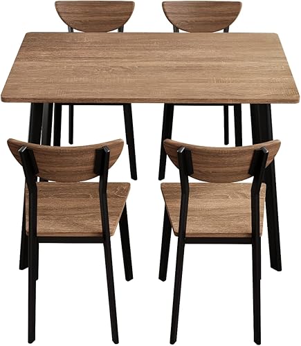 Miniatura 7 de Moderno juego de mesa de comedor de 5 piezas para 4 personas mesa y sillas de comedor para comedor marco de metal negro y tablero de roble marrón