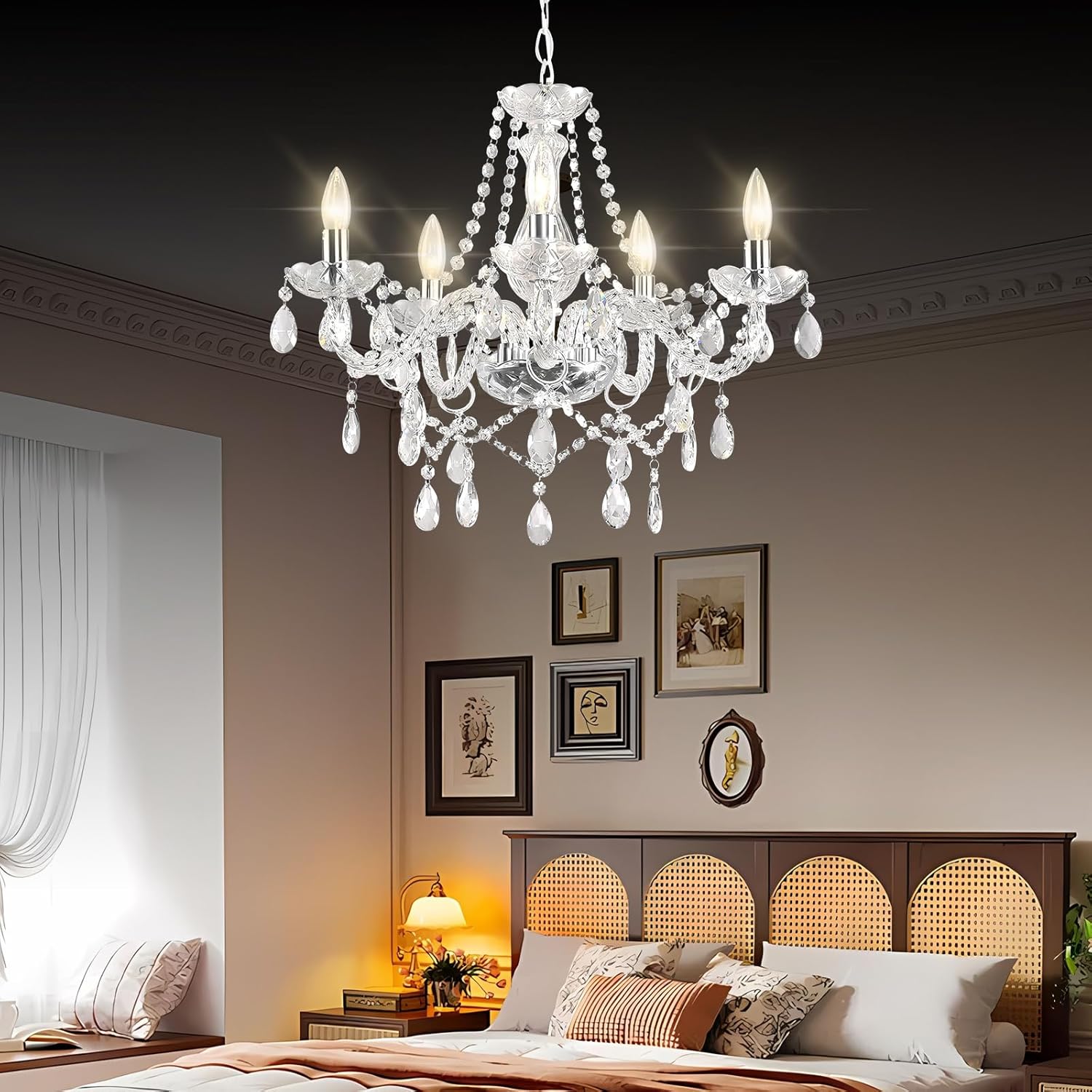 Farmhouse Crystal Chandelier Hanging Pendant Light Fixture, Modern 5 Lights K9 Crystal Ceiling Lighting Fixture for Dining Rooms ﻿Kitchen Island Living Room Bars