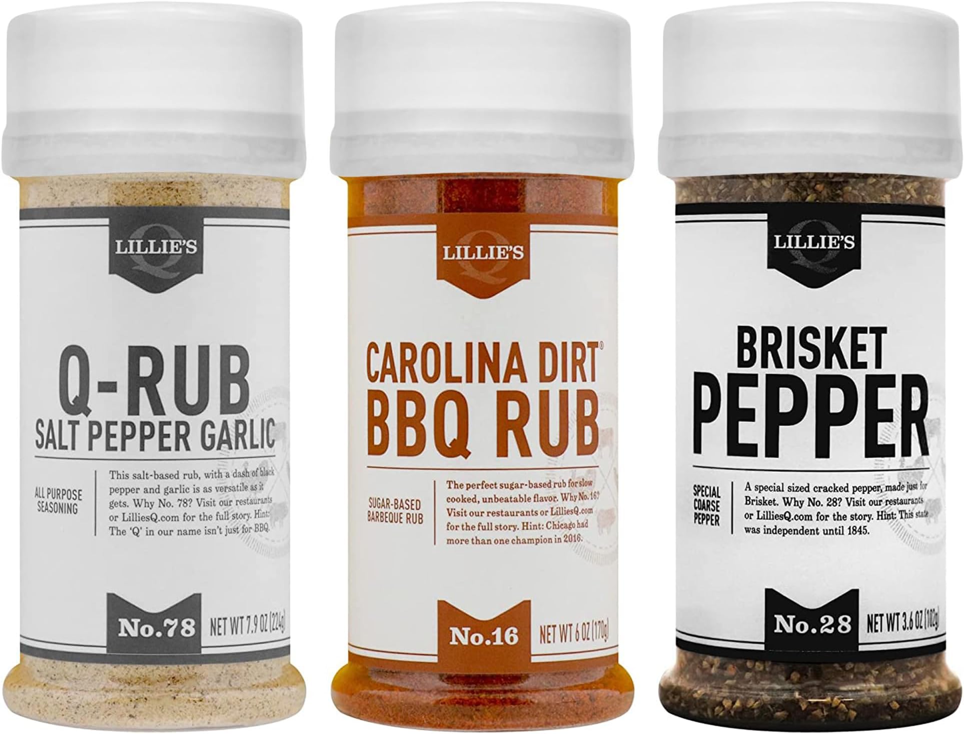 Lillie’s Q - Rub Trio, BBQ Rub Sampler, Barbeque Rubs & Spices, Rub Seasoning Set Includes Carolina Dirt (6 oz), Q-Rub (7.9 oz), & Brisket Pepper (3.6 oz) | 3-Pack