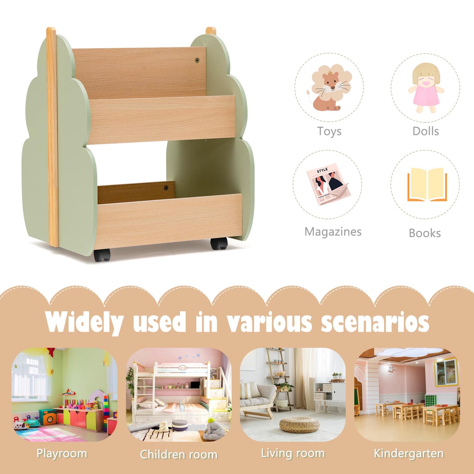 LIFEZEAL Estantería Infantil con Ruedas, librería de Madera de 2 Niveles para habitación de niños, Organizador de Juguetes con diseño de árbol, Organizador de Almacenamiento Multiusos para guardería