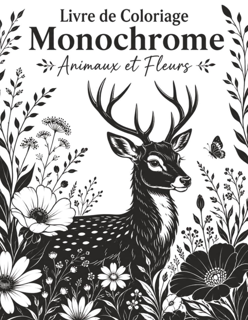Livre de Coloriage Monochrome Animaux et Fleurs: Motifs relaxants pour adultes et seniors avec oiseaux, papillons, feuillages, roses et jardins apaisants