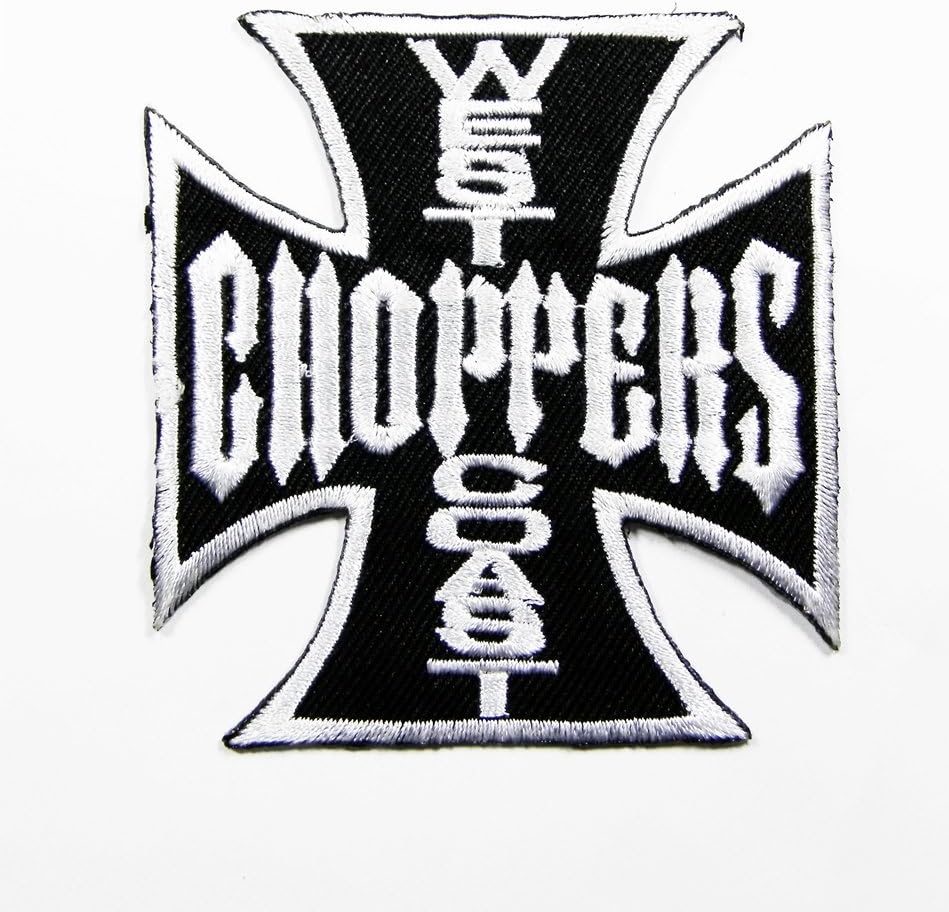 White on Black West Coast Chopper Biker Motorcycle Patch Embroidered Iron on Hat Jacket Hoodie Backpack Ideal for Gift/6.7cm(w) X 7.2cm(h)