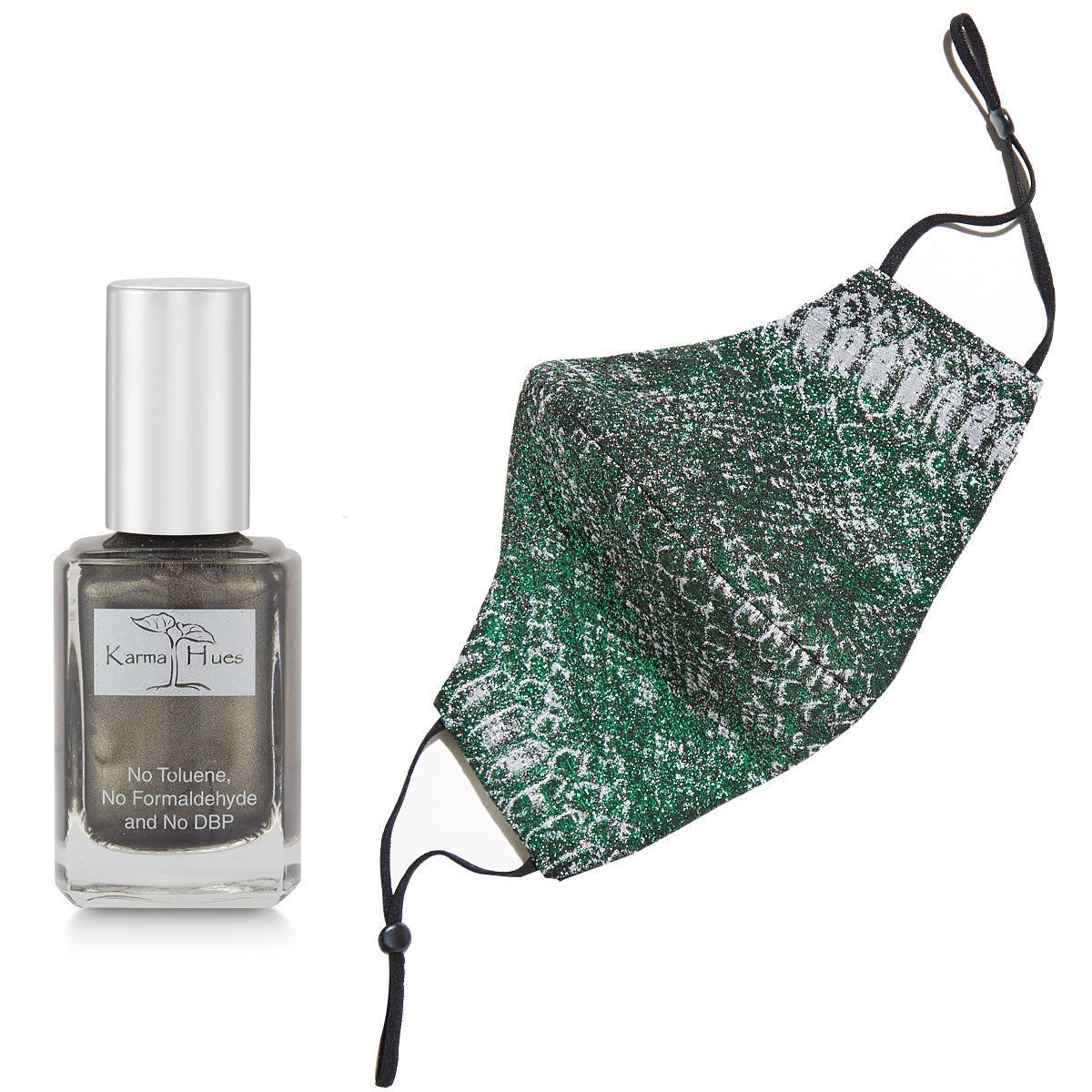 Karma Naturals Nail Polish - Non-Toxic with Matching Fashion Face Mask Breathable Washable Reusable Face Cover for Men & Women (Iridescent Emerald Python Mask)