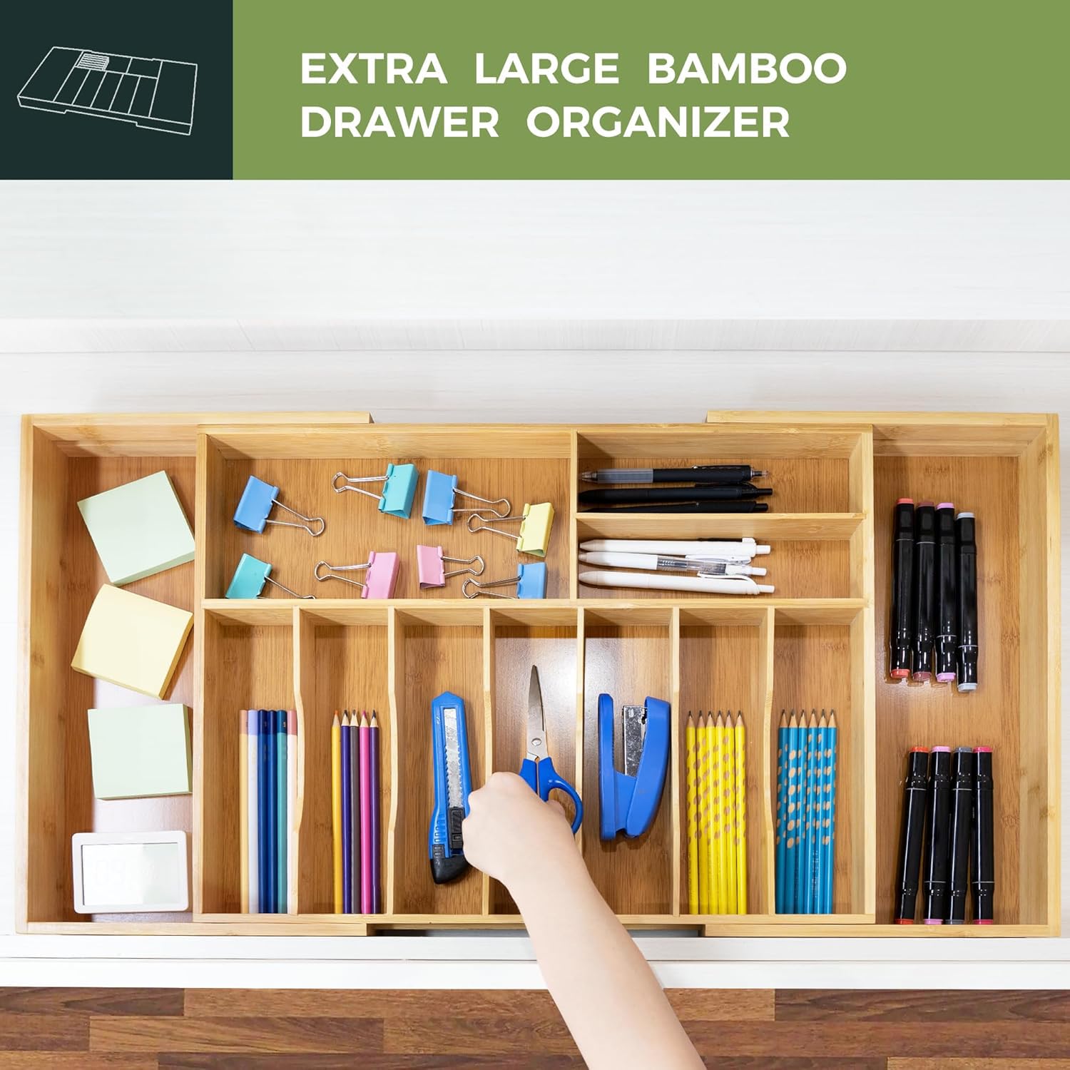 VaeFae portaposate da cassetto, estensibile con blocco per coltelli | Larghezza estensibile da 52,3 a 89 cm, 12 scomparti, per cucina, in bambù, facile da pulire
