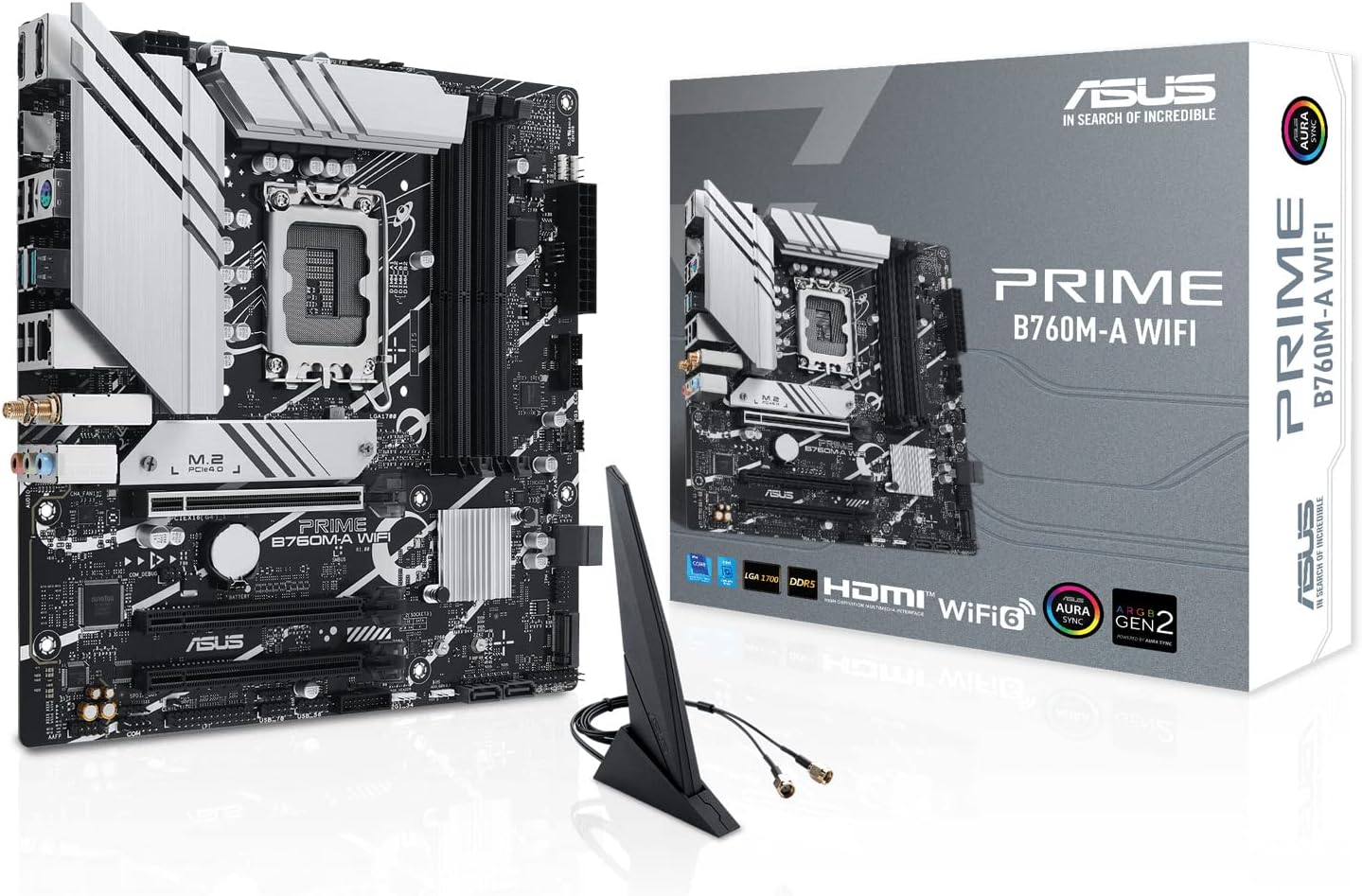 ASUSPrime B760M-A WiFi Motherboard Intel B760, LGA 1700, mATX, DDR5, PCIe 5.0, 2 M.2 Slots, WiFi 6E, USB 3.2 Gen 2, Type-C, Black