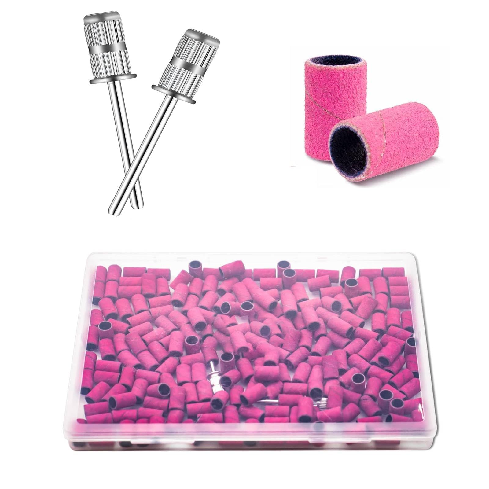 Cilindri Abrasivi Fresa Unghie 100Pz, Grana 180 Bande per Levigatura Unghie Rosa, Bande Levigatrici per Trapano Unghie con 2 Pz Frese 3/32” e Scatola per Accessori Beauty Manicure e Pedicure