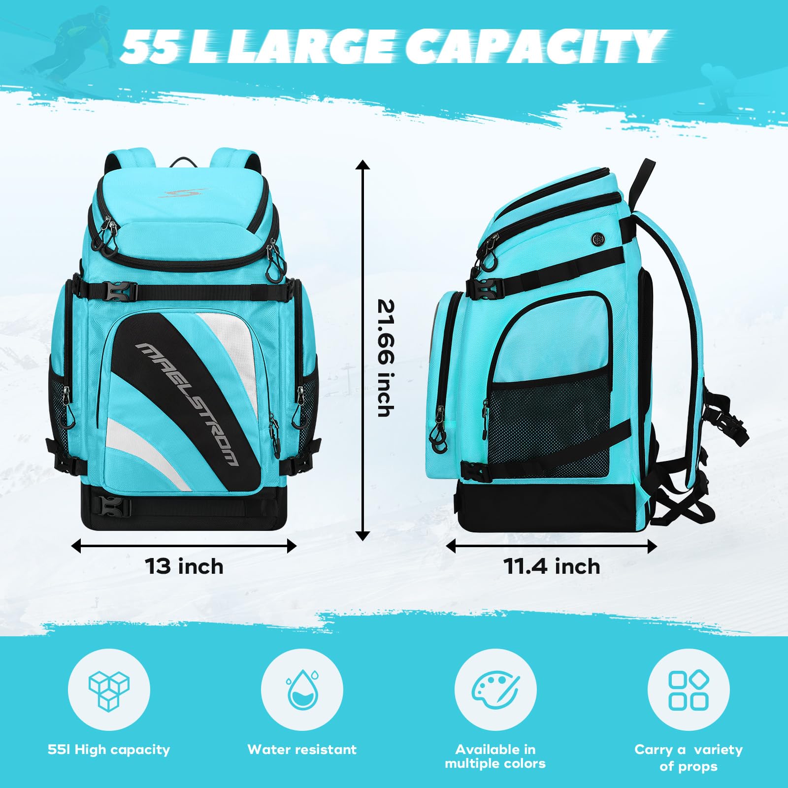 Maelstrom Skischuhtasche, 55 l, großer Skischuh-Reiserucksack für Herren und Damen, wasserdichte Snowboardstiefeltasche für Ski-Zubehör