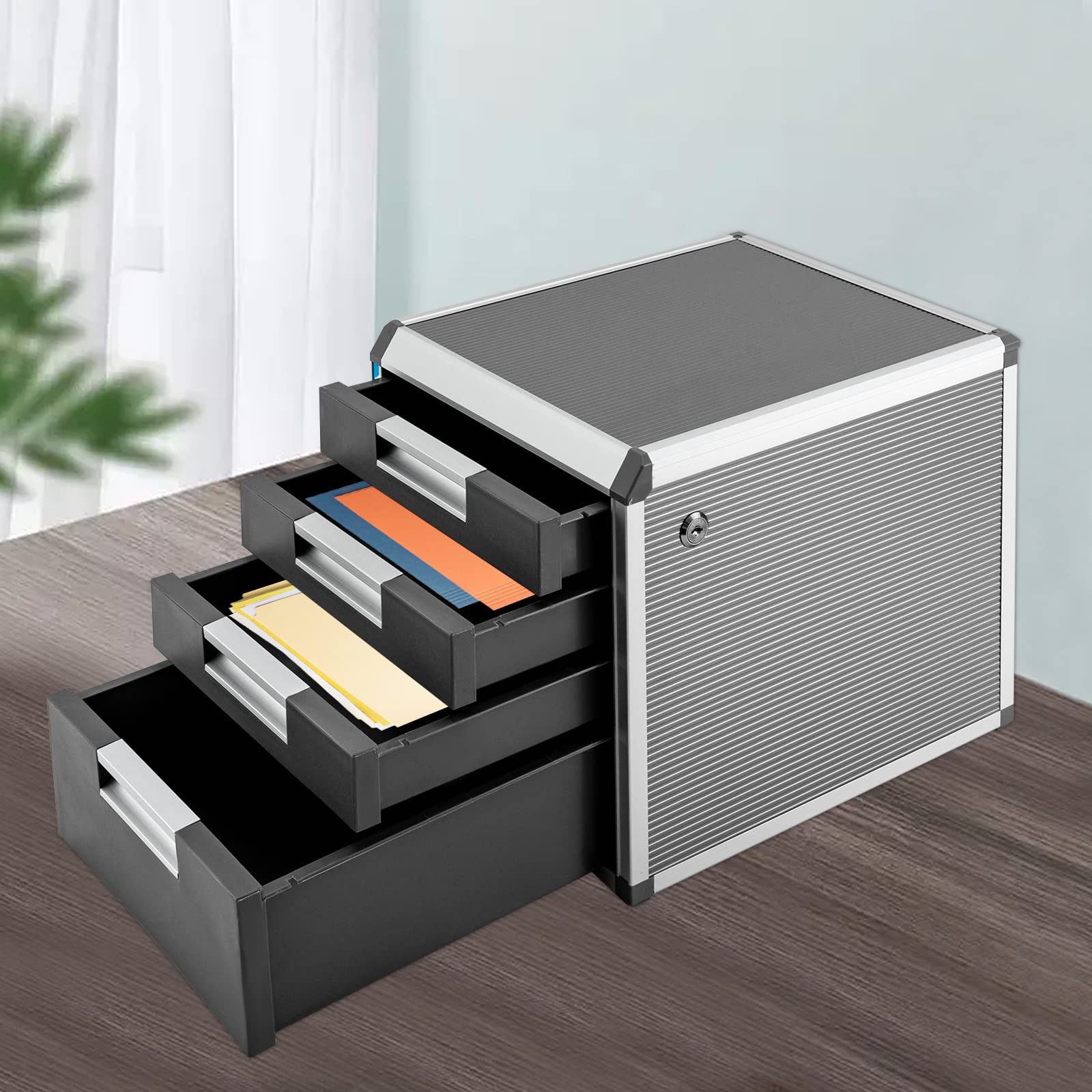 Cassettiera in metallo con chiusura a 4 scomparti, formato A4, in lega di alluminio, per case, uffici, scuole (4 scomparti)