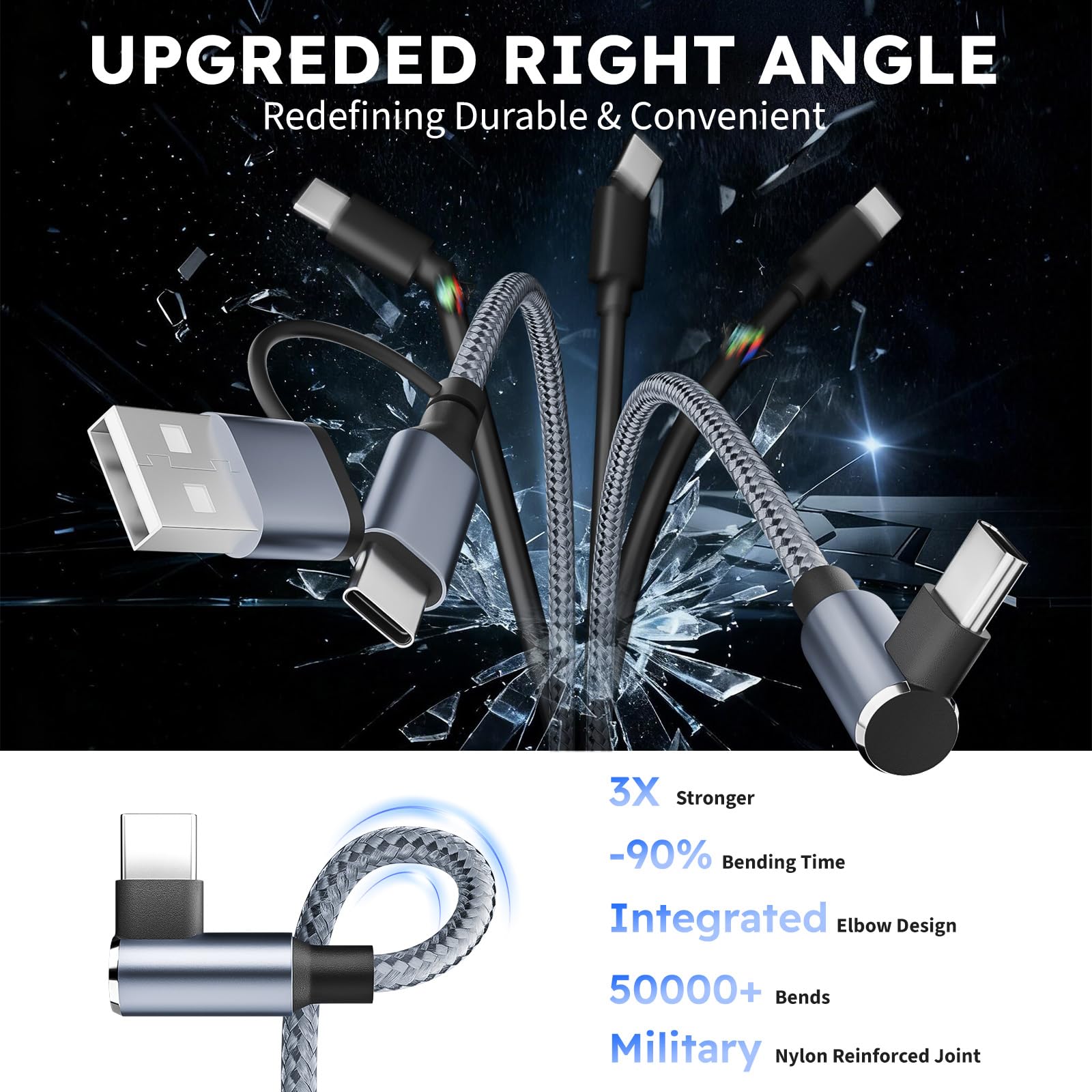 MPATIBY Cable USB A/C a USB C en ángulo recto, cable de carga trenzado tipo C de 90 grados de 5 pies, cable de carga USB C 3 en 2, cable de carga universal para teléfono con 3 puertos tipo C para