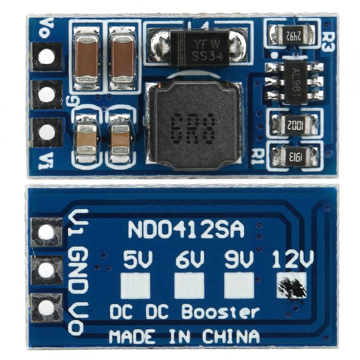 Bottom view of the Kadimendium ND0412SA DC-DC Step-up Module, illustrating the output voltage selection pads for 5V, 6V, 9V, and 12V.