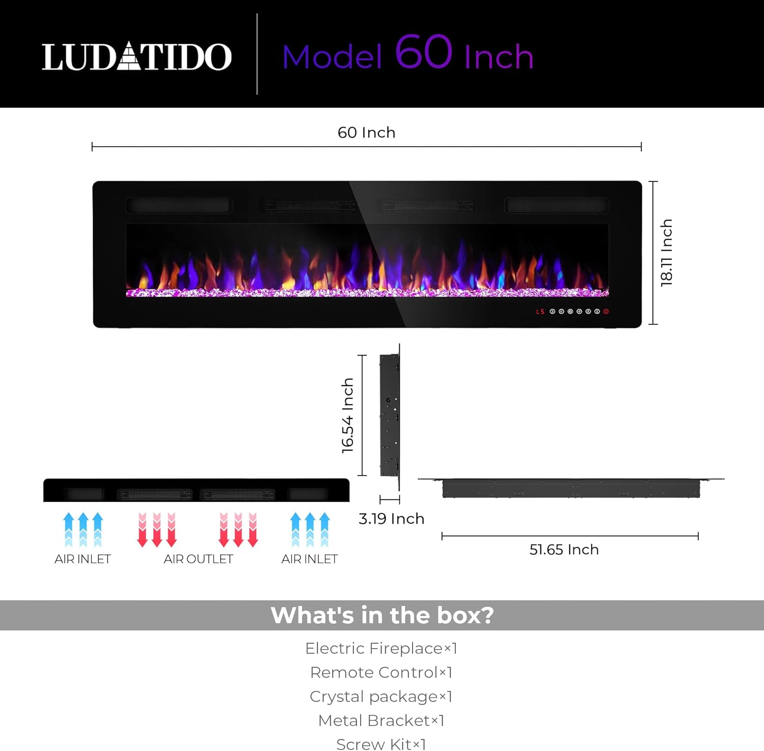 Ludatido 60 Inch Electric Fireplace Wall Mounted/Recessed, Electric Fireplace Insert with 5100BTU for 410 Sq Ft Room, Multicolor Flame with Timer/Touch Screen/Remote