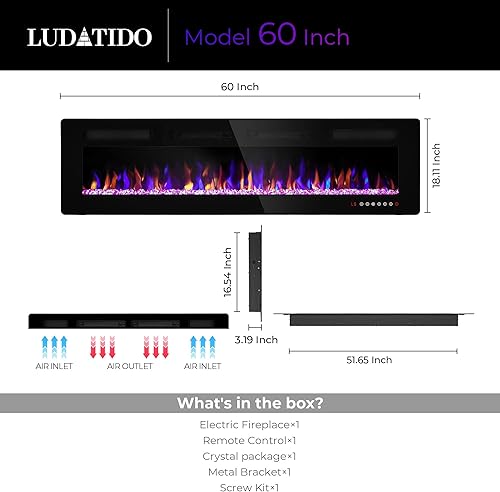 Miniatura 3 de Chimenea eléctrica de 60 pulgadas montada en la paredempotrada, inserto de chimenea eléctrica con 5100BTU para habitación de 410 pies cuadrados,