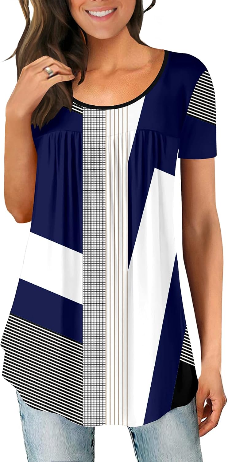 CHICZONE Women’s Floral Henley Tunic Blouse for Leggings – Ladies Short Sleeve Top Loose Fit Crew Neck Shirt with Pleated Front Button Up – 95% Polyester Spandex – M, Regular, UK