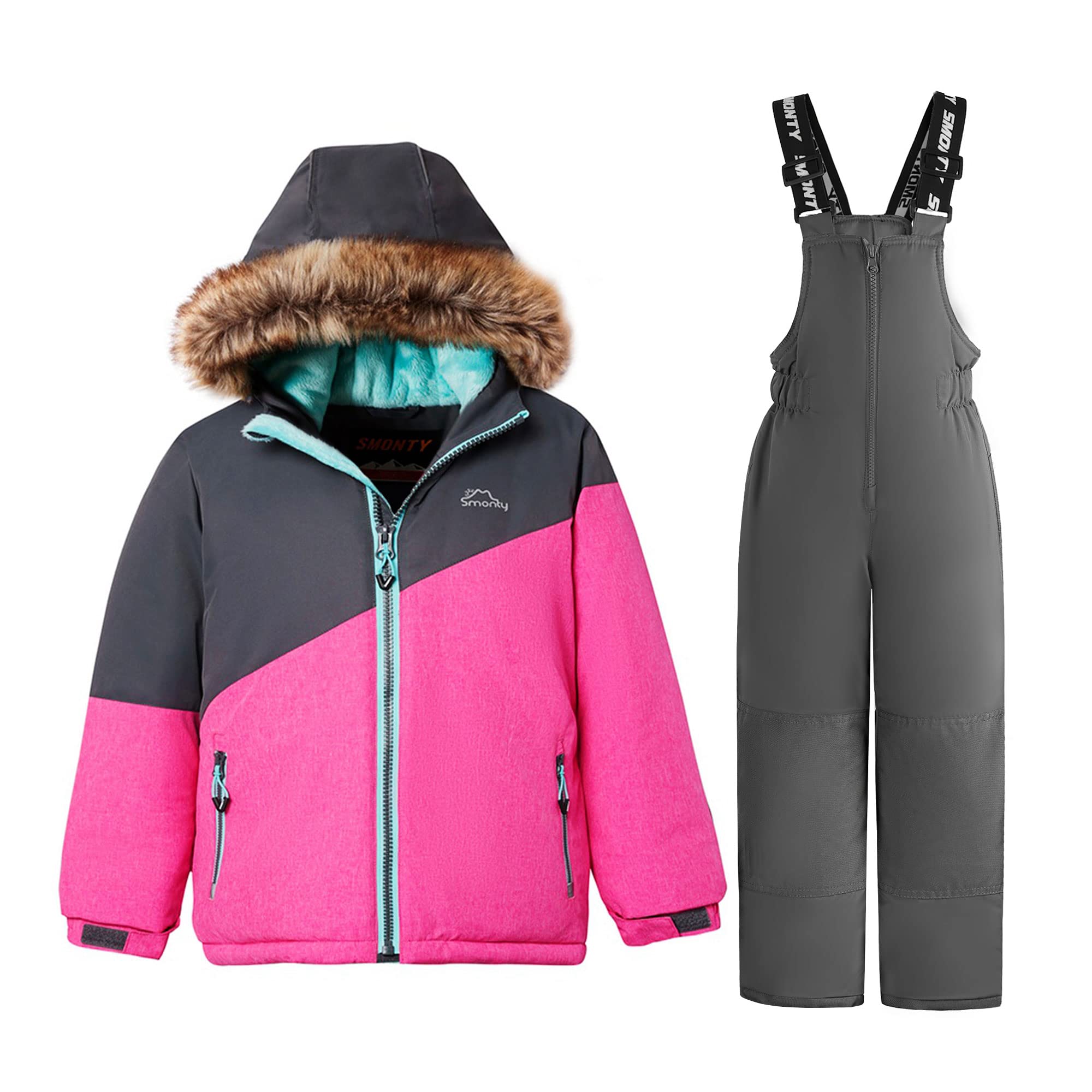 SMONTY Traje de nieve para niños para niñas Conjunto de chaqueta y pantalones de esquí de invierno Conjunto de correas con capucha A prueba de viento Impermeable Cálido (3-4, Gris Rosa)