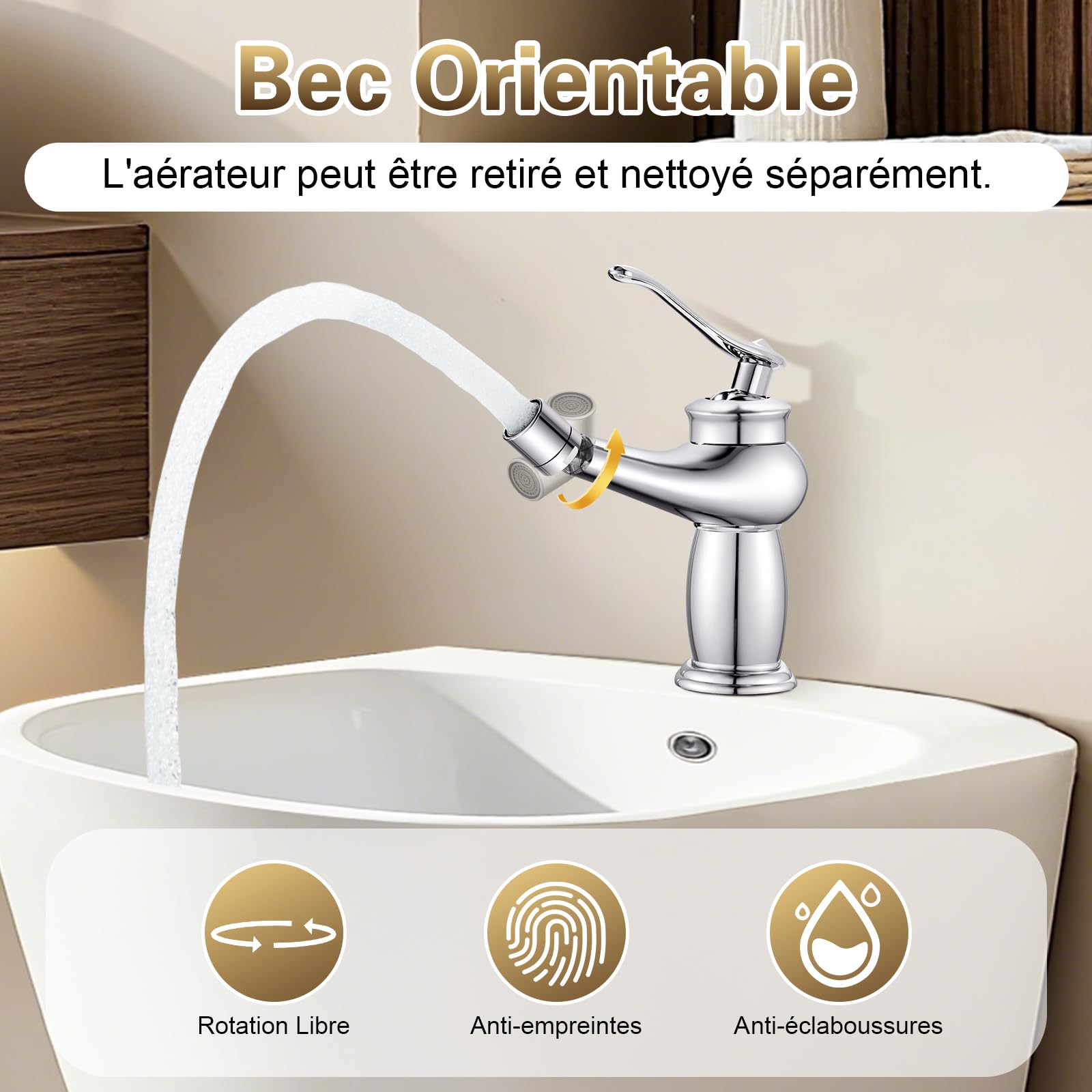 Robinet de Bidet Monocommande, Mitigeur Lavabo Robinet de Salle de Bains avec Bec Pivotant, Raccord Standard G3/8, Chromé