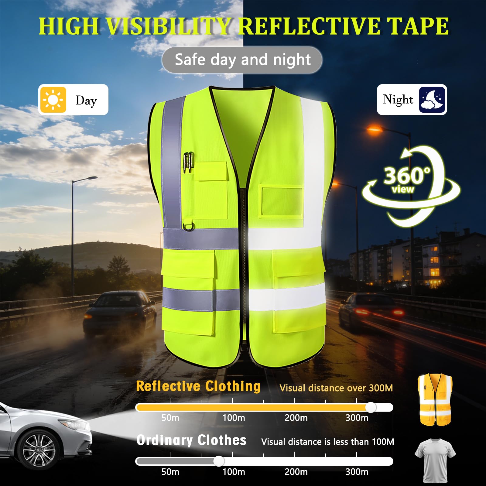 Chaleco de Seguridad Personalizado con Logotipo para Hombre— Chaleco de Trabajo Reflectante con Bolsillo — Chaleco de Alta Visibilidad (Tallas S-5XL)
