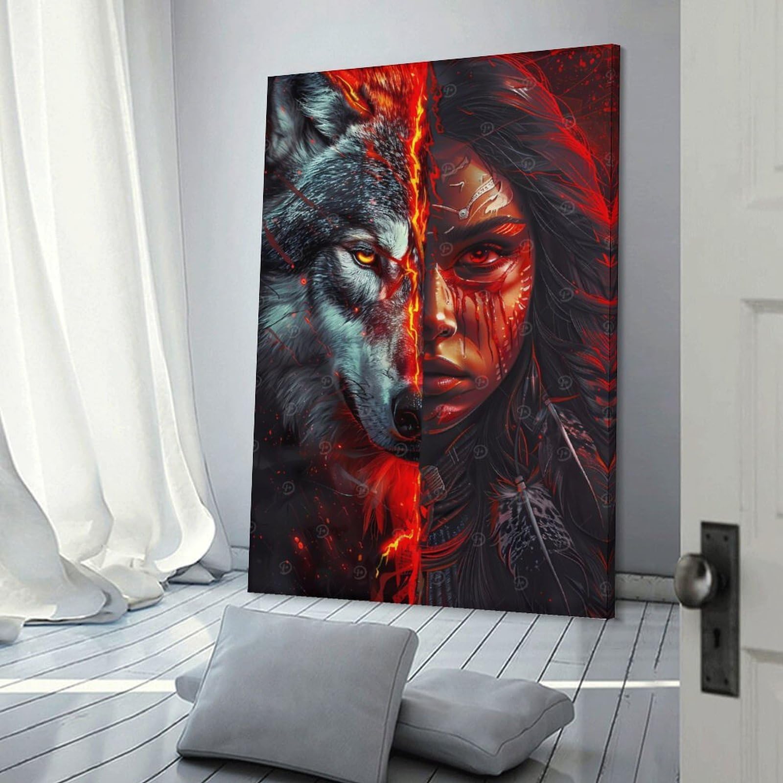 Junmoney Frame-Style-27 Red Native American Wolf Hanging Wall Art 24X36inch(60X90cm), For Lounge, Bedroom Or Personal Spaces, Home Decor Gift With Stylish Appeal