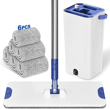 Floor Mop and Buckets Sets Flat Head with 6 Reusable Microfibre pads for Dry Wet Cleaning - Housewife Dust Mop for home Bathroom Kitchen Laminate Wooden Floor, Blue