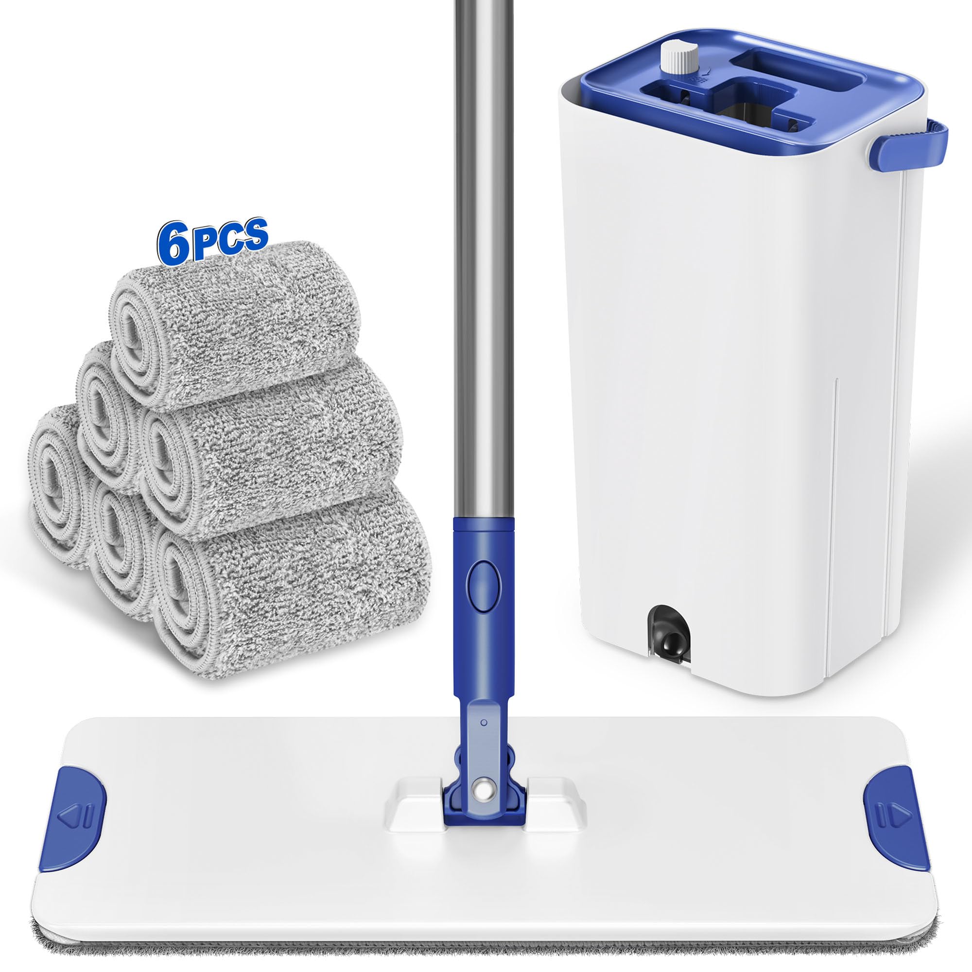 Set di mocio e secchi: testa piatta con 6 panni in microfibra riutilizzabili per la pulizia a secco e bagnato, mocio per la polvere per casa, bagno, cucina, pavimenti in legno laminato, blu