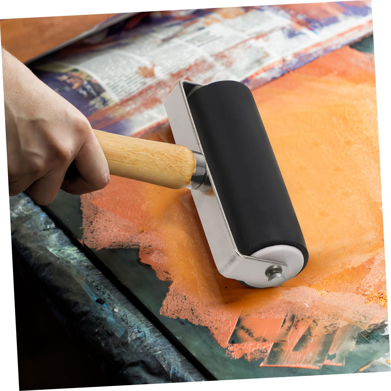 Rodillo Brayer de Impresión Negro, 4 Piezas, Mango de Madera