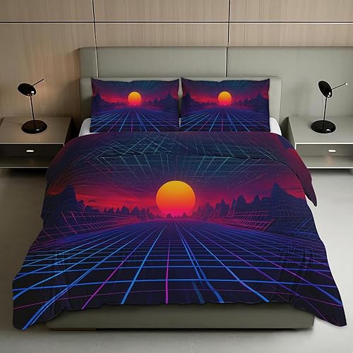 Synthwave - Juego de funda de edredón tamaño individual, juego de ropa de cama de ciencia ficción con cierre de cremallera, funda de edredón