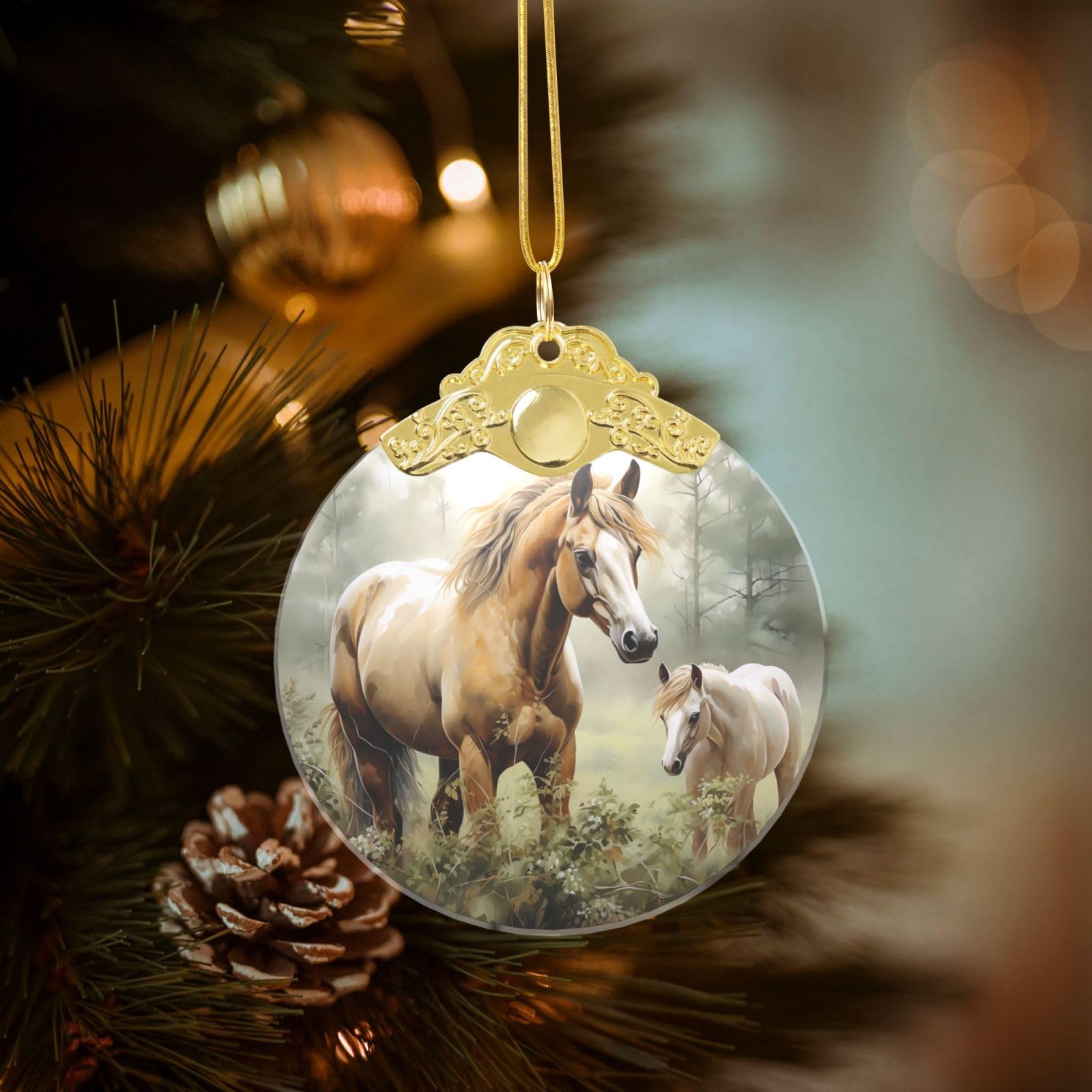Crystal Christmas Ornaments for Christmas Tree Decoration Hanging Animals Embroidery Paintings Horses Ornament with Gold Ribbon Crafts Round Pendant for Keepsake Gifts Glass Xmas Decor Party Supplies