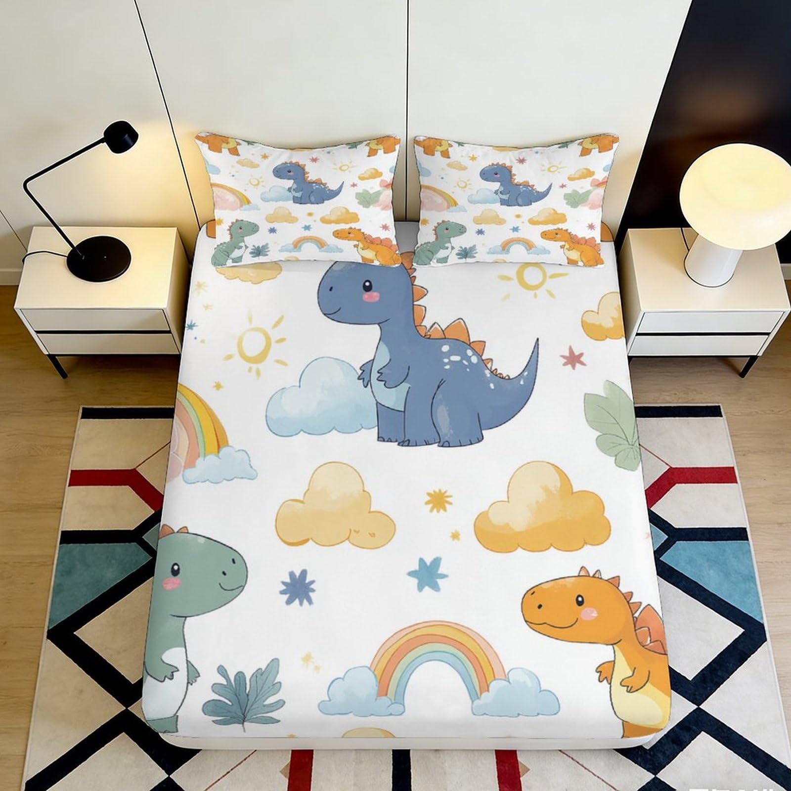 Pnayamiorkfel Style-4 3D Printed Cartoon Dinosaur Fitted Sheet Microfiber Soft Rainbow Bed Cover For Bedroom Dorm Guest Mattress Decor 90X200x25cm