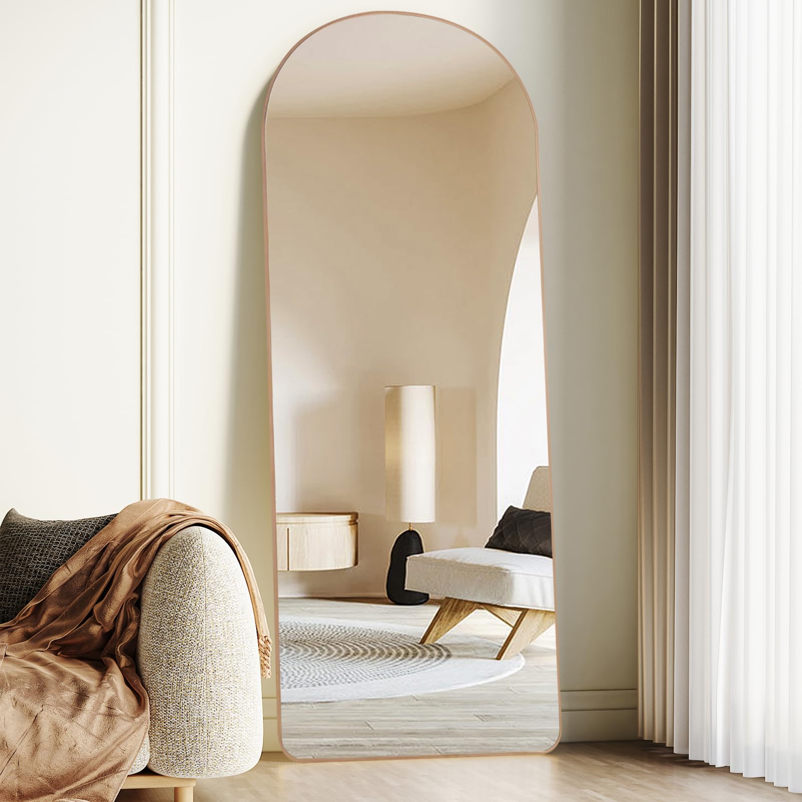 Specchio da Terra ad Arco 160x50 cm, Specchio da Parete con Cornice in Alluminio Dorato, Design Moderno, da Appoggiare o Appendere per Soggiorno, Camera da Letto, Ingresso