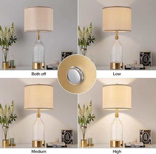 Miniatura 3 de AIDENOEY Juego de 2 lámparas de mesa de cristal modernas de 27.5 pulgadas, lámparas de noche con puertos USB-C y USB, control táctil regulable de 3