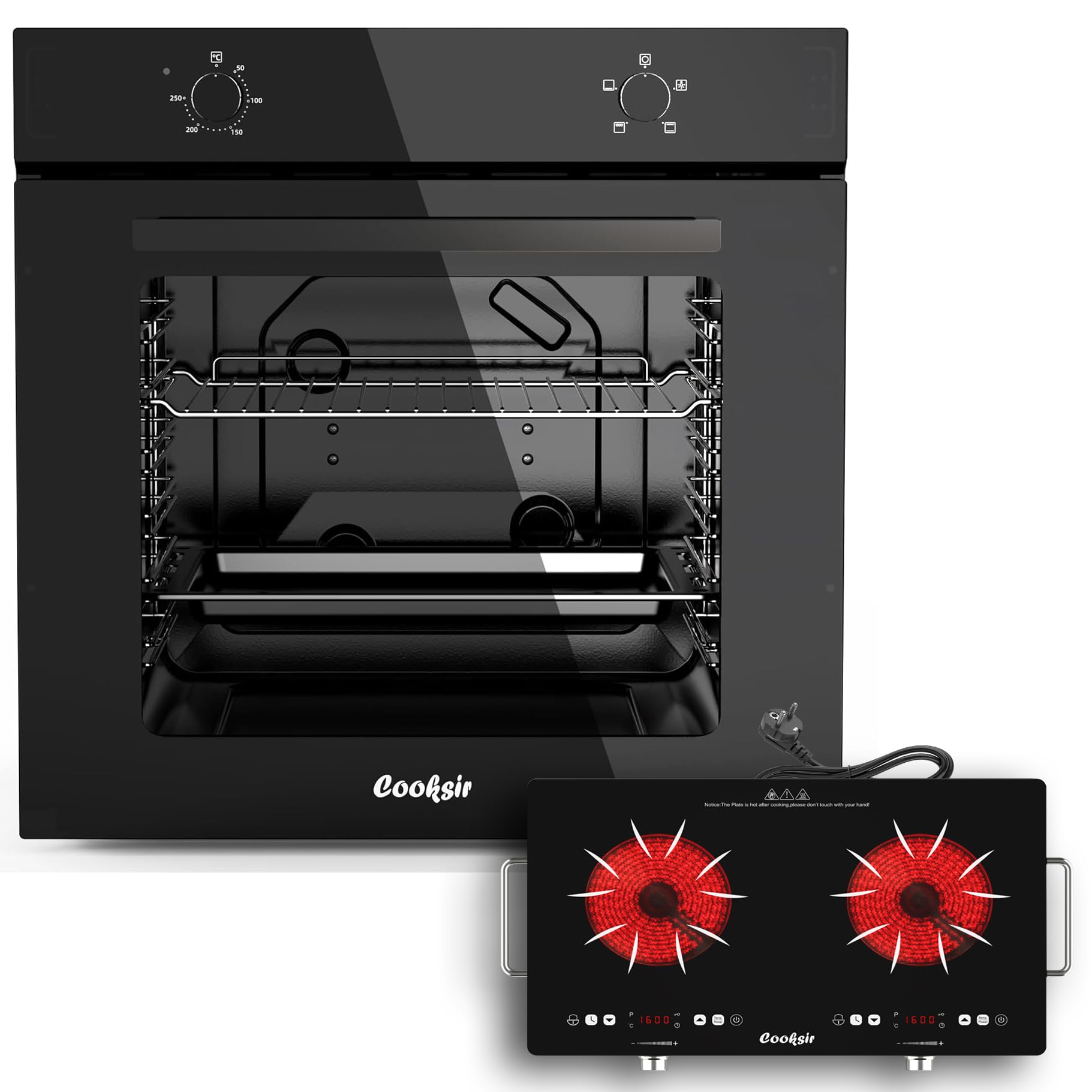 Four Encastrable 60CM 4 Fonctions, Four Grande Capacité 65 Liters avec Prise, 2200W+ Plaque Vitrocéramique 2 Feux avec Prise, 3200W, Portable avec Poignée