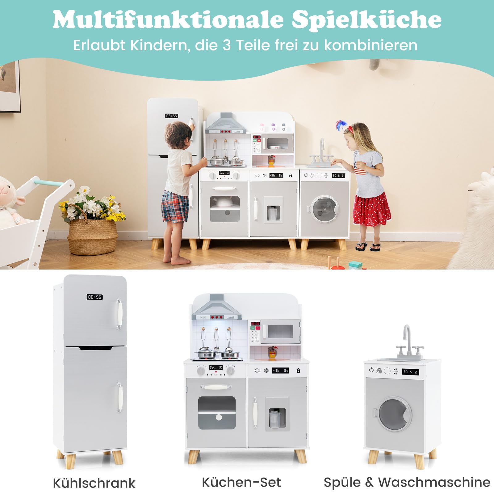 DREAMADE Kinderküche Holz mit Zubehör, Kinder Küche mit Herd Spüle Backofen Waschmaschine, Kinderspielküche mit Licht & Sound, Spielküche für Kinder ab 3 Jahren (Grau)