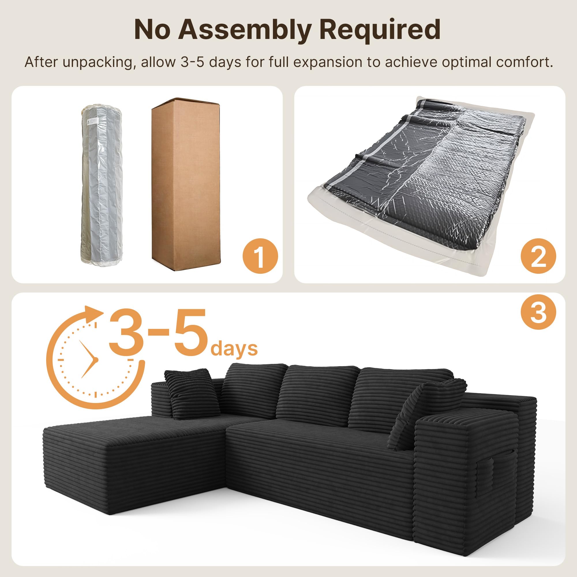 Xbro Divano Angolare a L 3 Posti Componibile, Divano con Chaise Longue Sinistra in Velluto a Coste, con Tasche Laterali e Cuscini, per Soggiorno Appartamento, 250x160x62 cm, Grigio Scuro