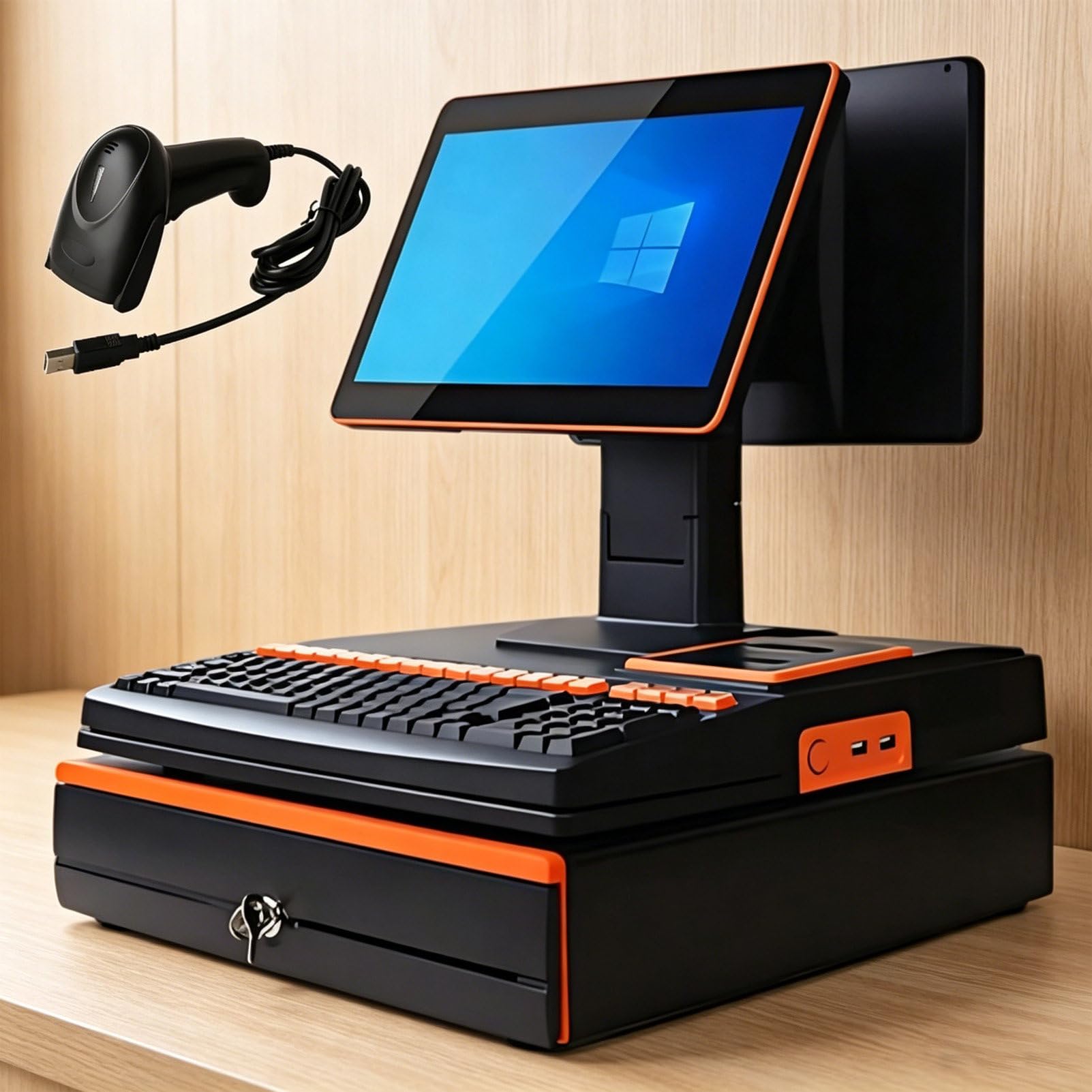 Pvxa All-in-one Cash Register for Restaurants & Retail, Point Of Sale 15.6" Touch Screen Cash Register, Single/Dual Screen, Barcode Scanner, Printer, Cash Drawer DualScreen-Orange