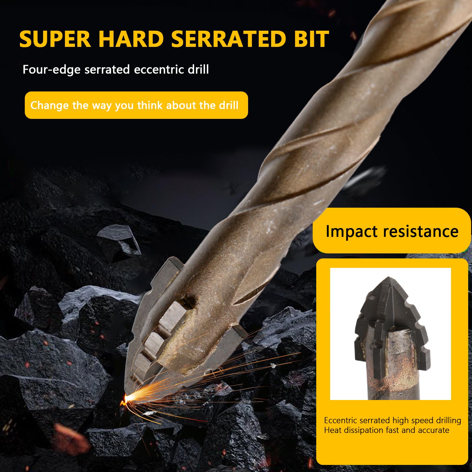Honkdtyun 5 Count Four Edged Serrated Eccentric Drill Bit Set,New Four-Flute Sawtooth Eccentric Drill Bit, for Stone, Glass, Concrete, Wood, Brick, Metal (5pack)