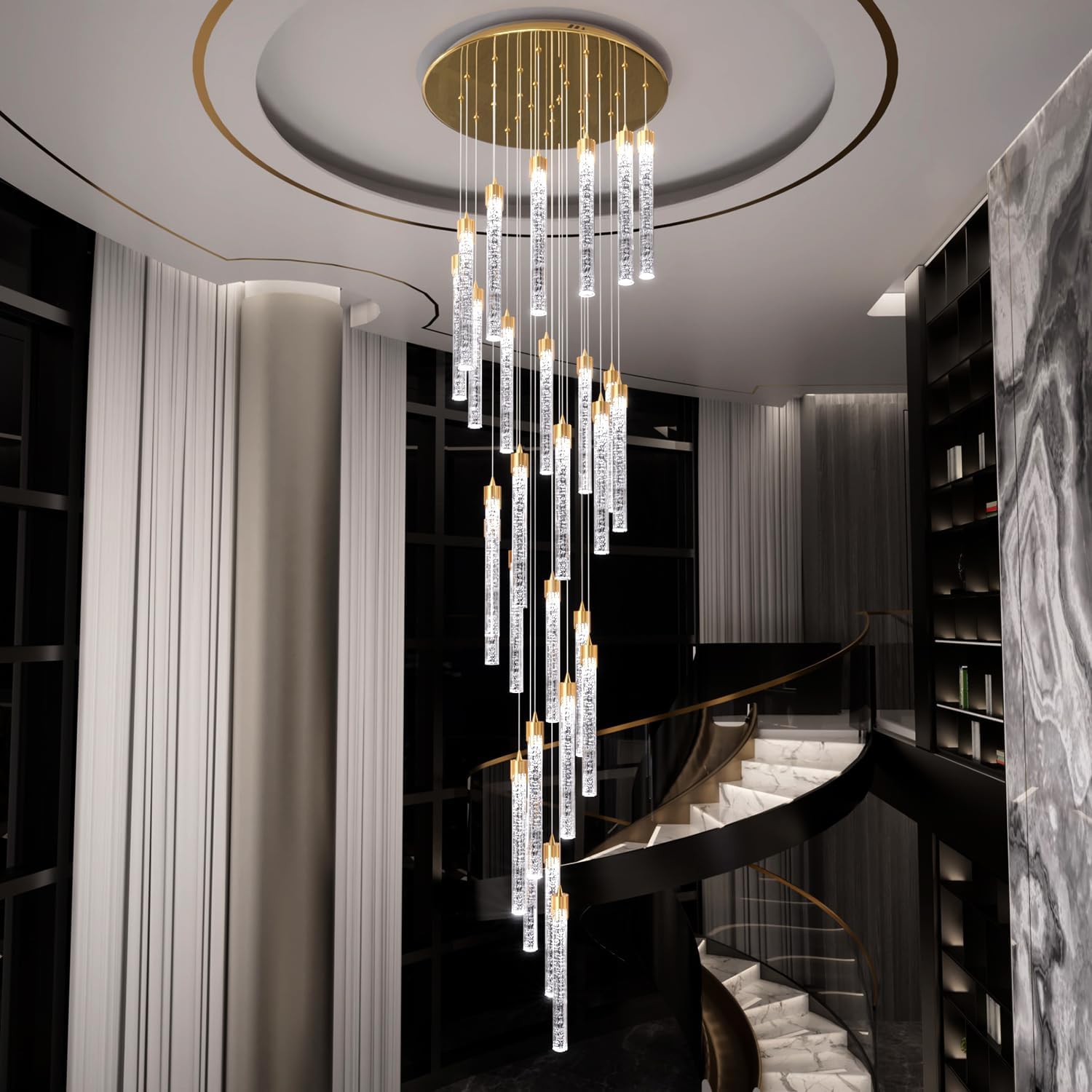 ykolupty 25-Light High Ceiling Chandelier Modern Crystal Lights for Living Room Foyer Flush Mount Sloping Ceiling Pendant Light Fixture Crystal Drop Light for Hallway Staircase