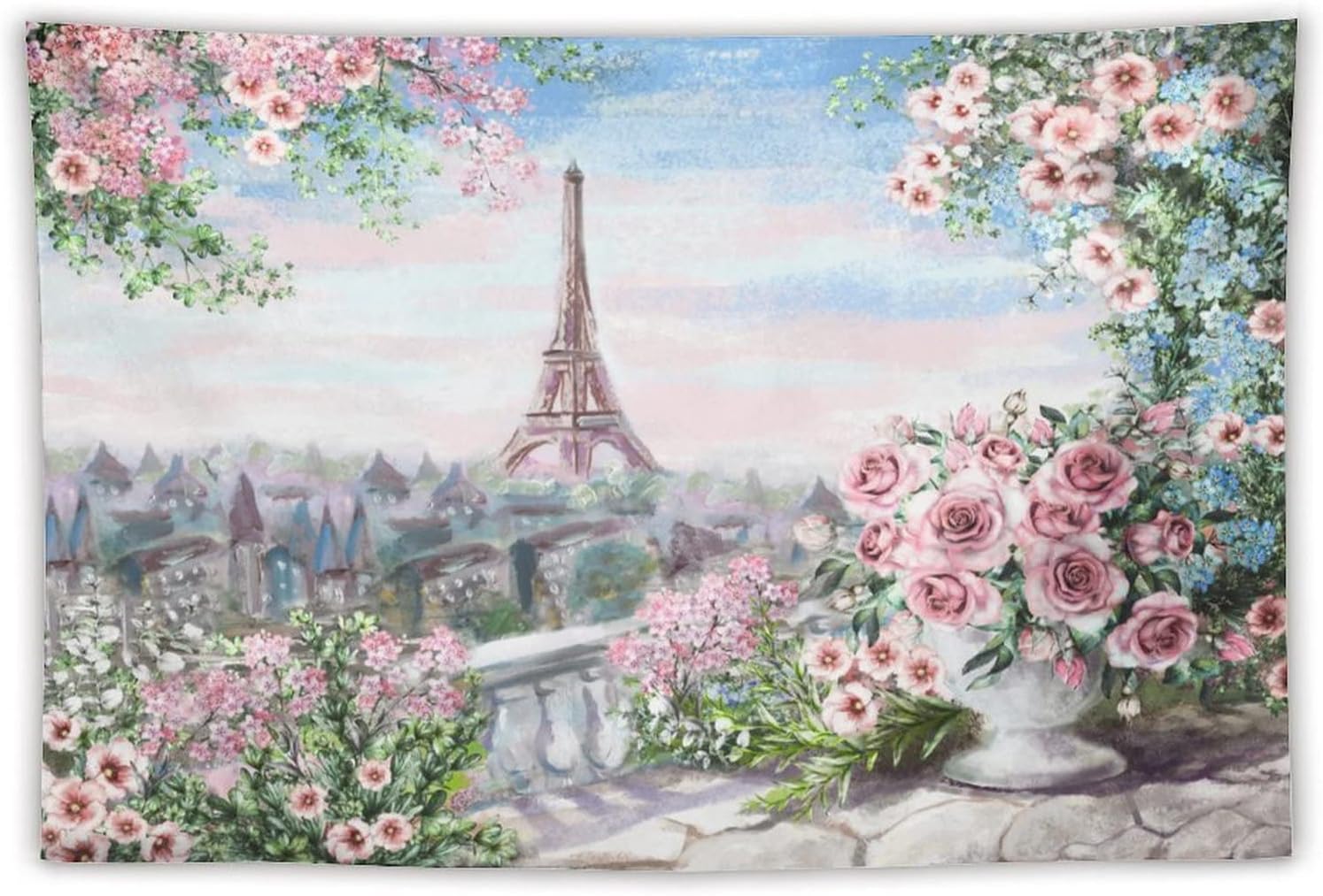 Eiffel Tower Tapestry Beautiful Romantic Pink Flowers