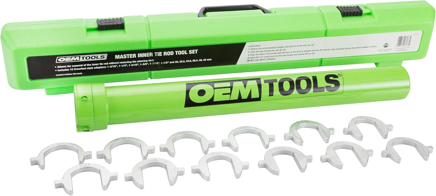 OEMTOOLS 27178 Inner Tie Rod Removal Tool Set, Remove and Install Without Rack Disassembly, Inner Tie Rod Tool Fits Most Cars, Trucks, and SUVs, SAE and Metric Crowfoot Adapters