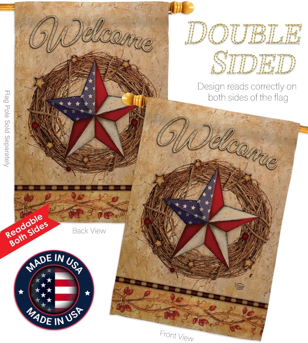HS191212-BO-02 Welcome American Pride Reef Americana Patriotic Decorative Vertical House Flag Set, 28"x 40" w/Flagpole, Multi-Color