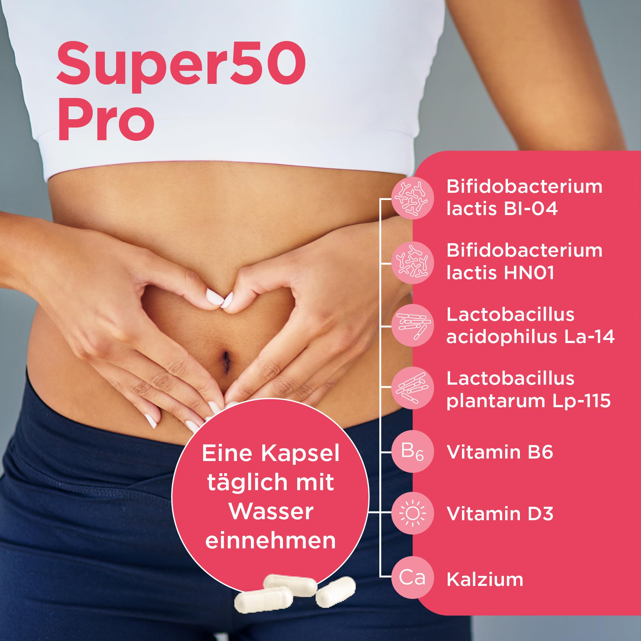 Healthspan Super50 Probiotikum | Unterstützung für eine gesunde Darmflora mit Vitamin D3 und Calcium | Reduziert Müdigkeit mit Vitamin B6 | Hochwertige Formel | Laktosefrei | Vegetarisch | 60 Kapseln