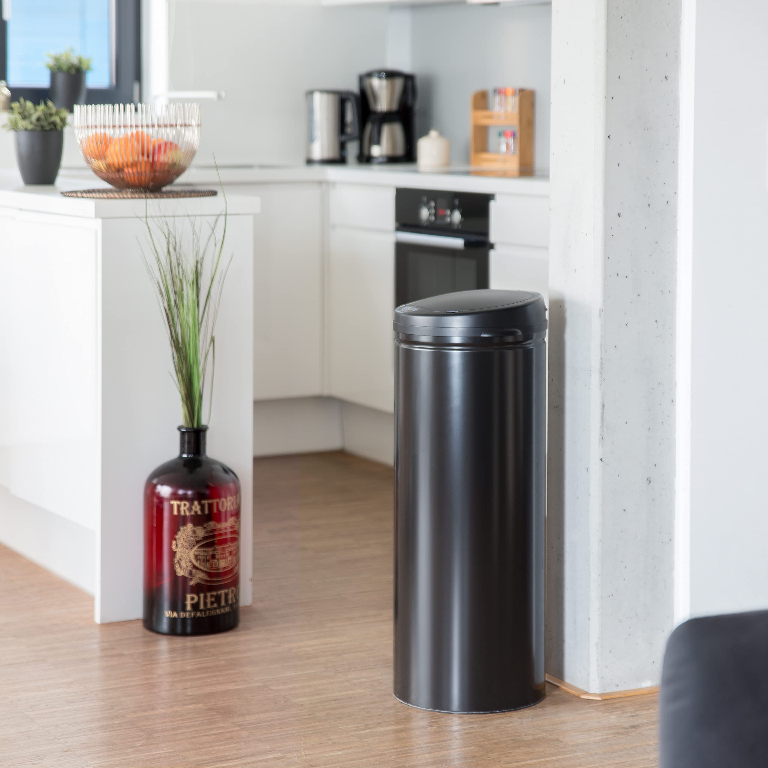 Relaxdays Mülleimer 50 L, mit Sensor, automatischer Deckel, aus Stahl, 80 cm hoch, 30 cm Durchmesser, schwarz
