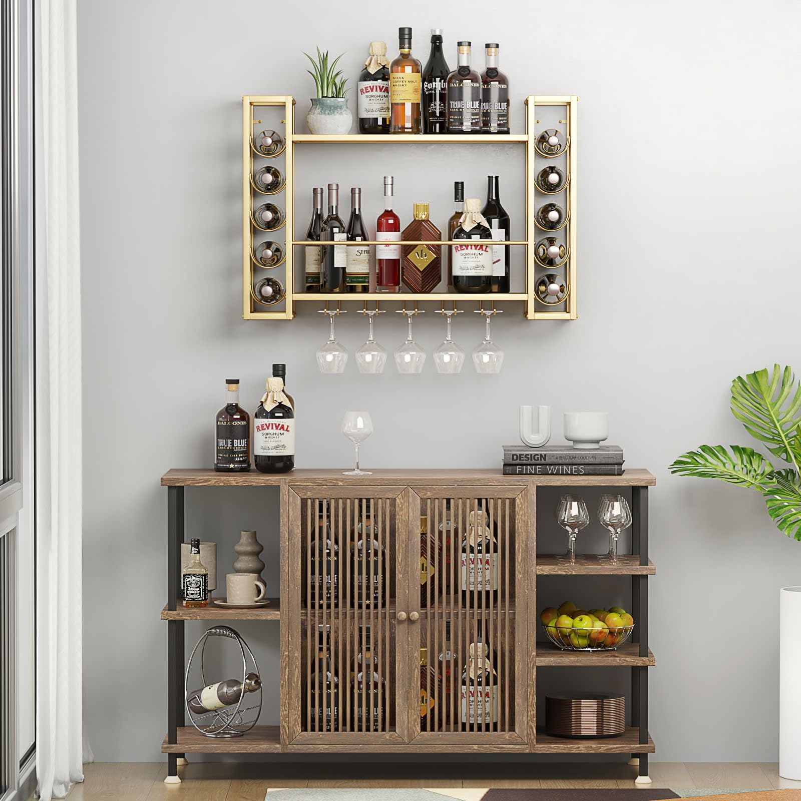 Gold Wall Mounted Wine Rack with Glass Holder -5