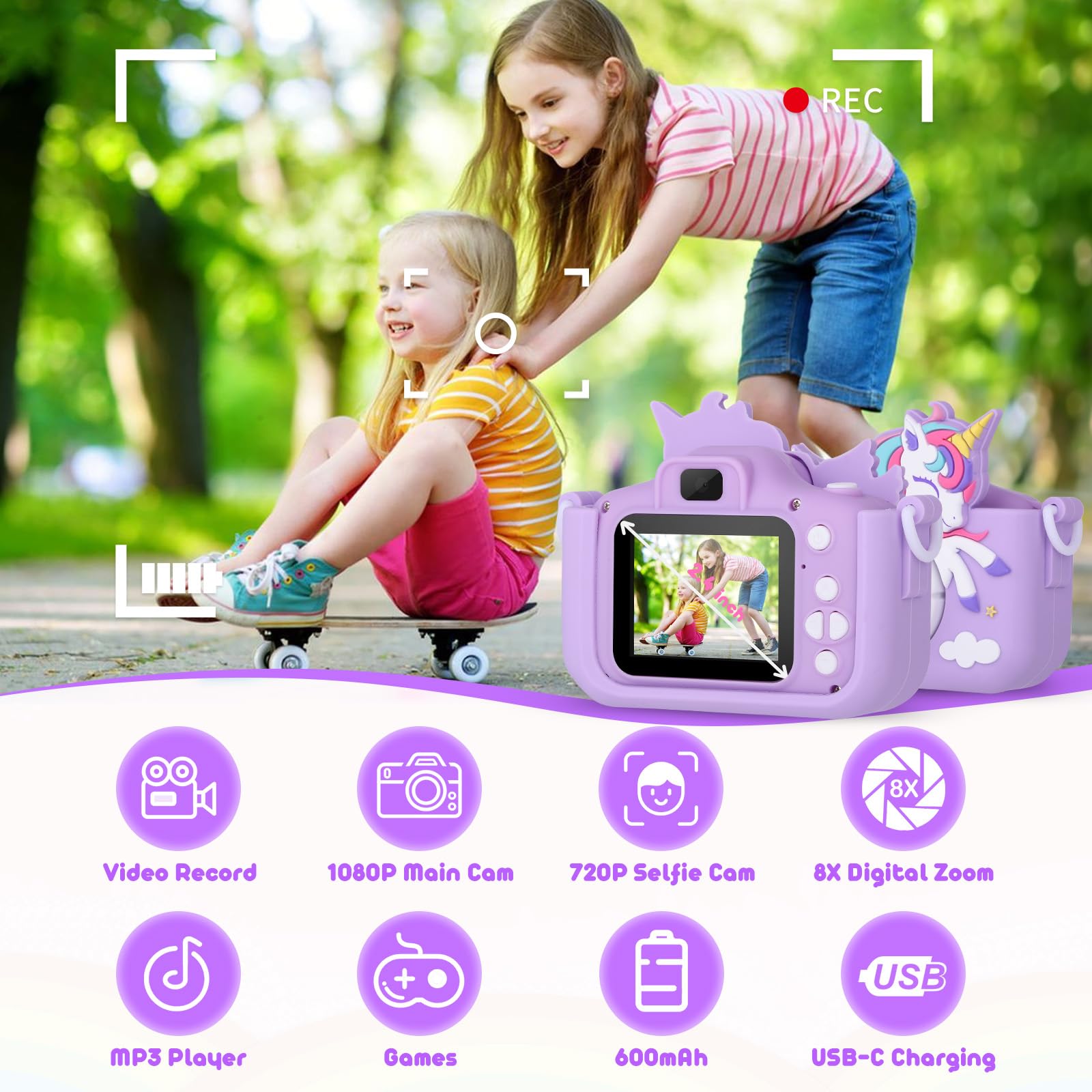 Cámara infantil de unicornio para niñas, cámara digital para niños de 3 a 8 años, juguetes de viaje para niños, regalo de cumpleaños para niñas de 3, 4, 5, 6, 7, 8 años, cámara de video HD 1080P, 2