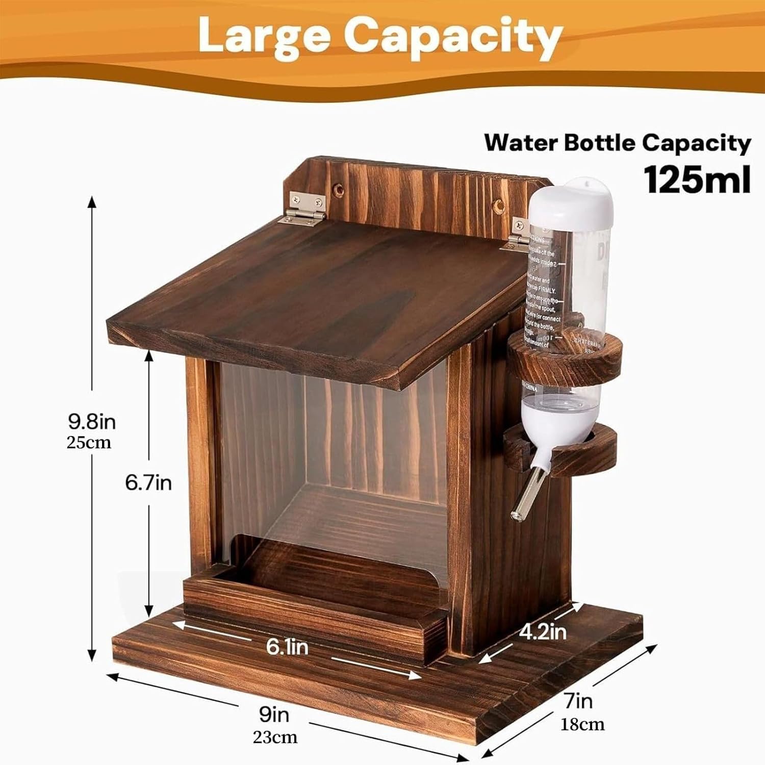 Wooden Squirrel Feeder House with Water Bottle, Outdoor Squirrel Corn Cob Feeder for Garden Tree or Backyard, Wall Mount Chipmunk Feed Station for Nuts and Corn