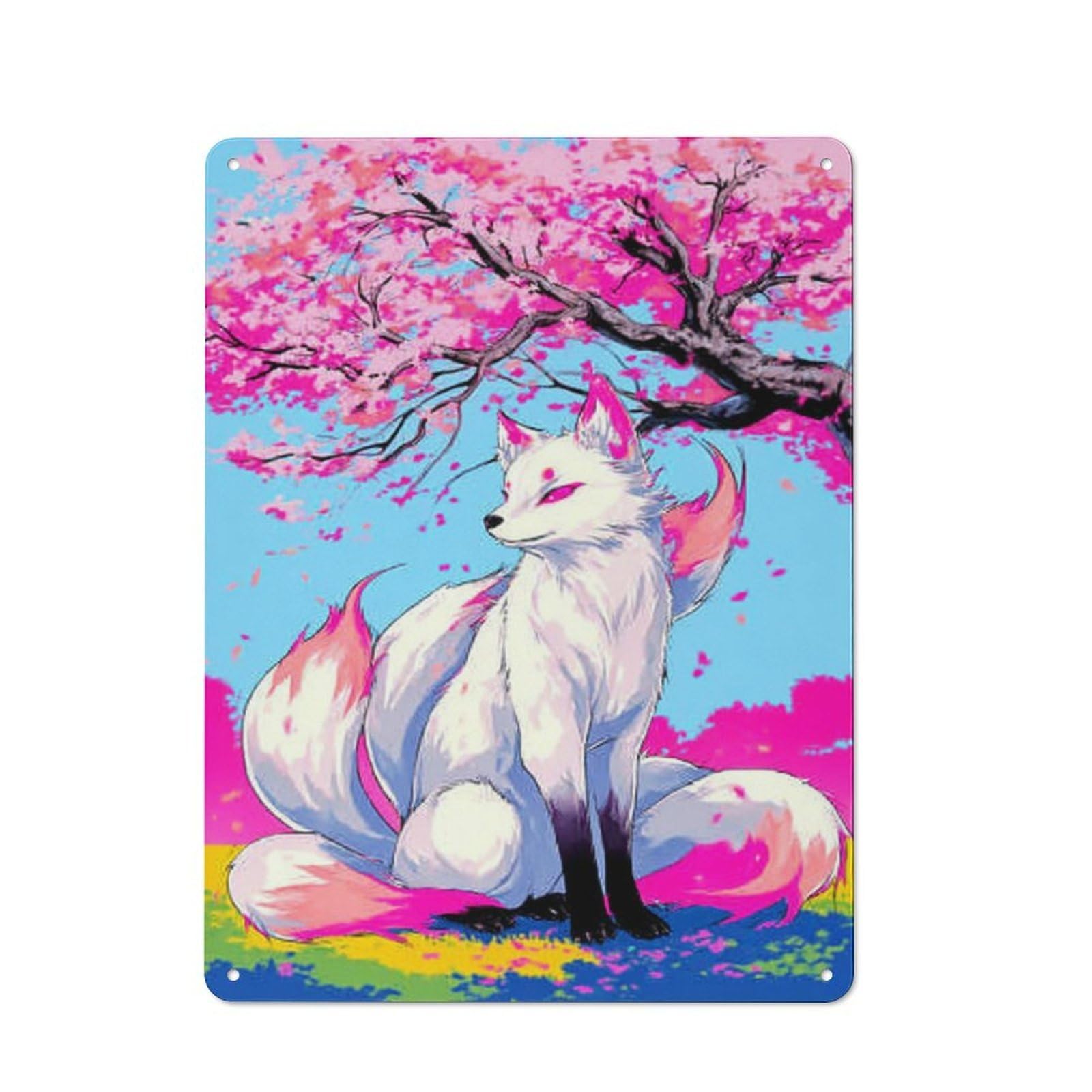 Junmoney Cherry Blossom Fox Fantasy Art Print -1 Rustic Tin Wall Plaque 40X30cm For Bar Or Restaurant, For Vintage Wall Decor Fans, For Garage And Workshop Walls