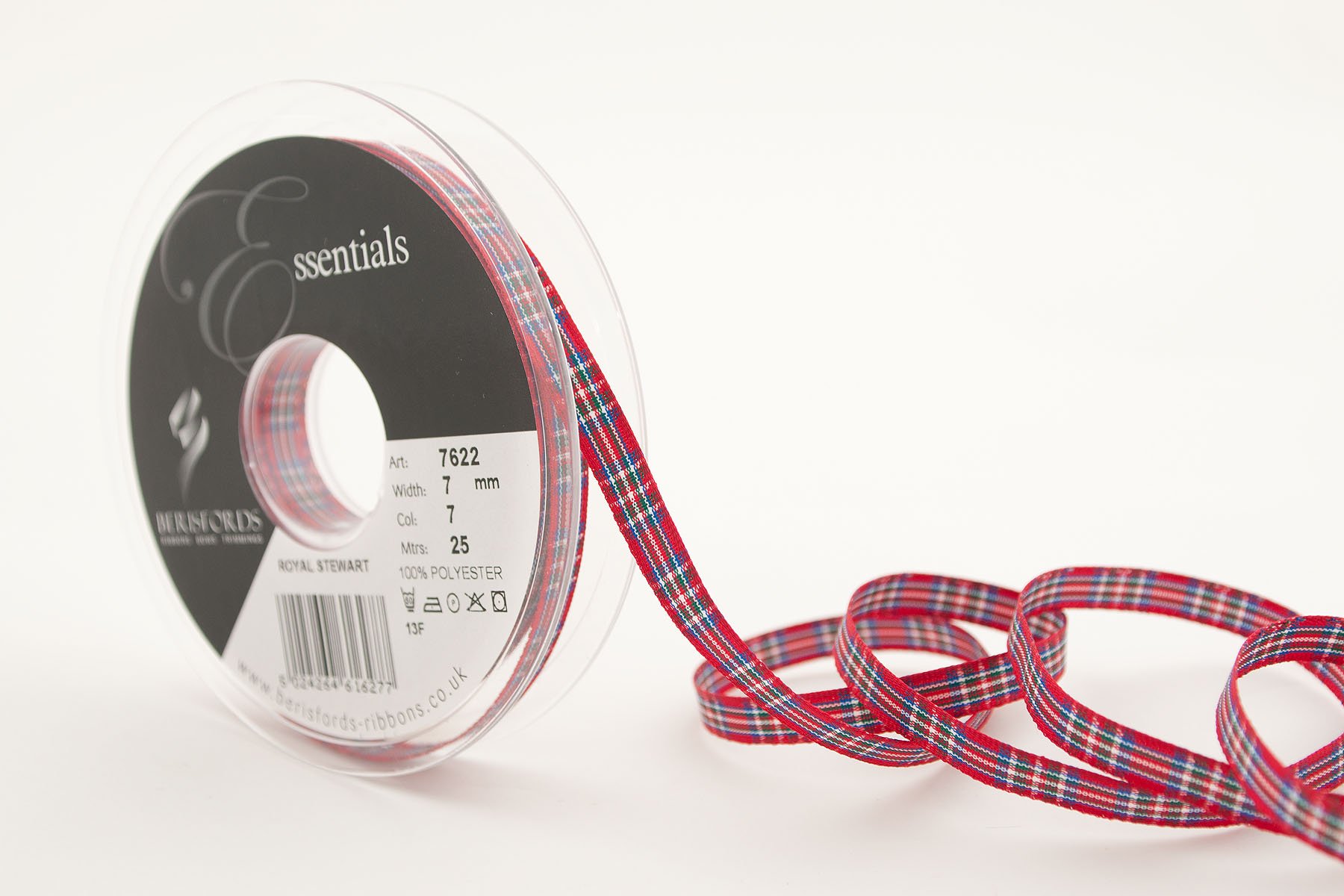 Berisfords 7622 25 m x 7 mm Traditional Tartan Ribbon, Royal Stewart, Blue