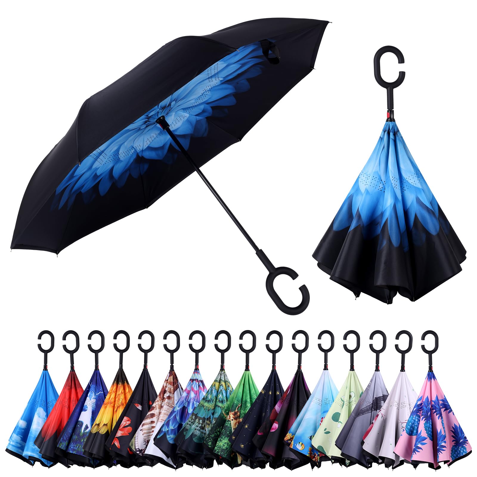 Wxjiahetai Inverted Umbrella, 49 Inch Double-Layer Vented Reverse Umbrella, Windproof Waterproof UV Protection, Lightweight C-Handle, Fiberglass Ribs,