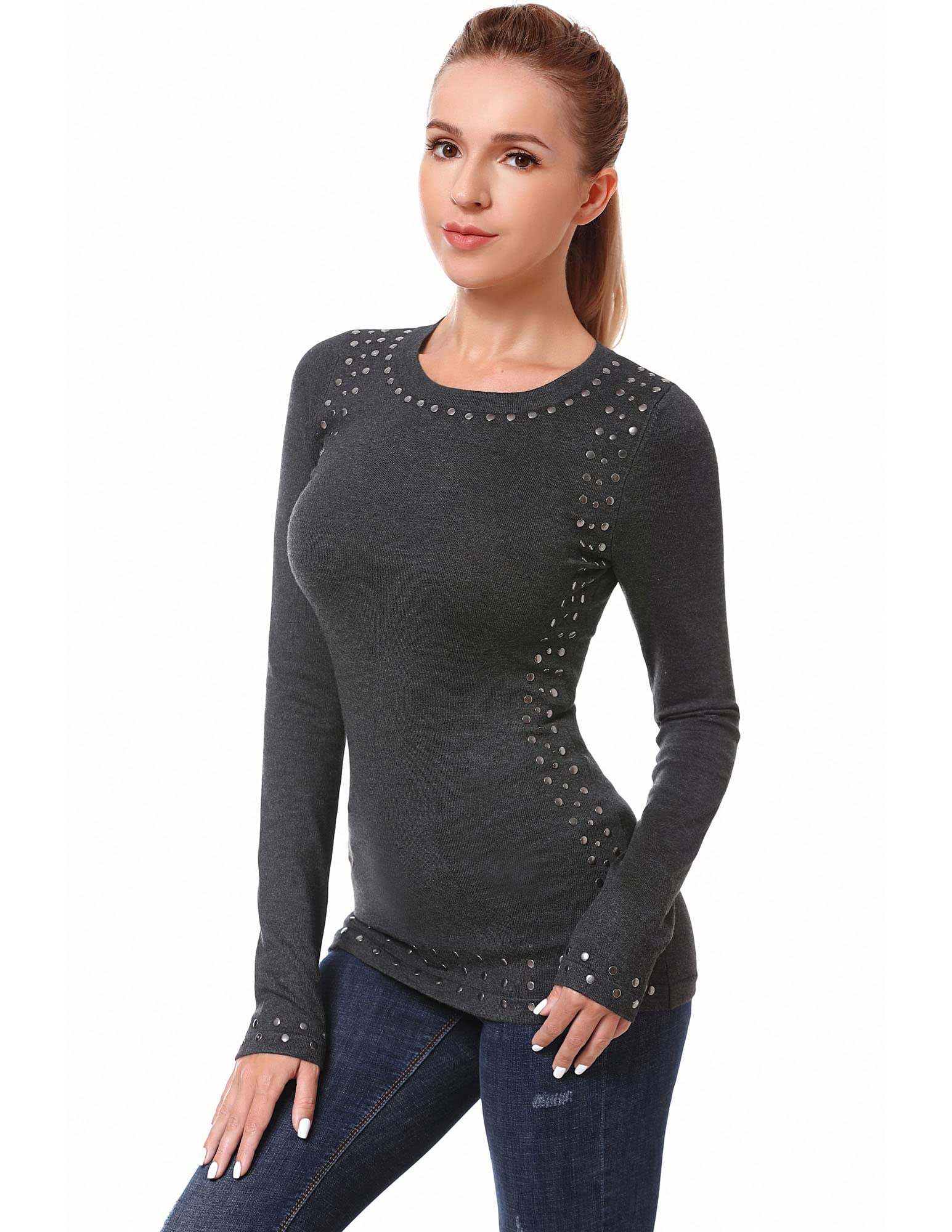 Am lieBoutik Women Crew Neck Studs Trim Embellished Long Sleeve Sweater